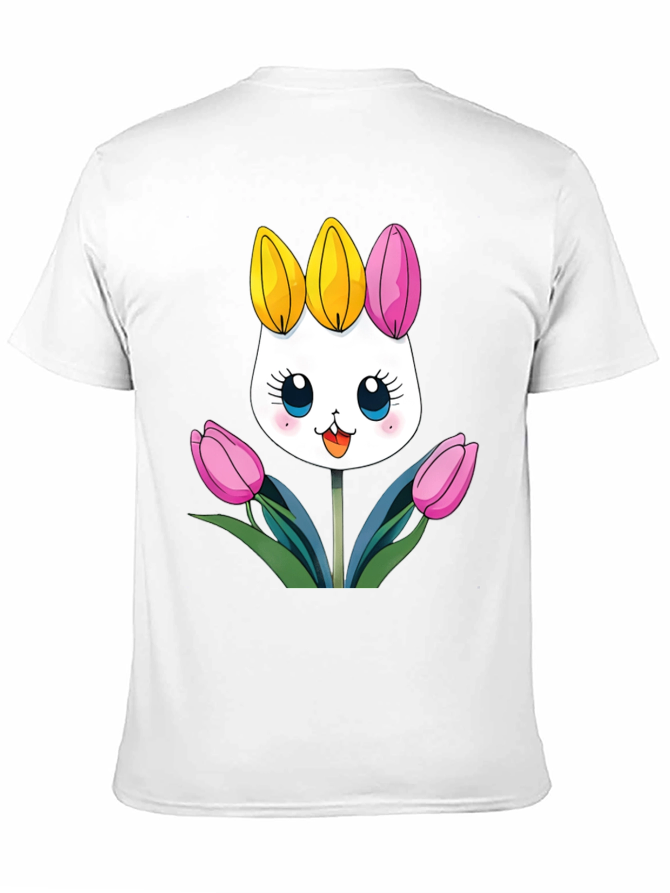 Cute Cartoon Bunny Tulips Black T-Shirt
