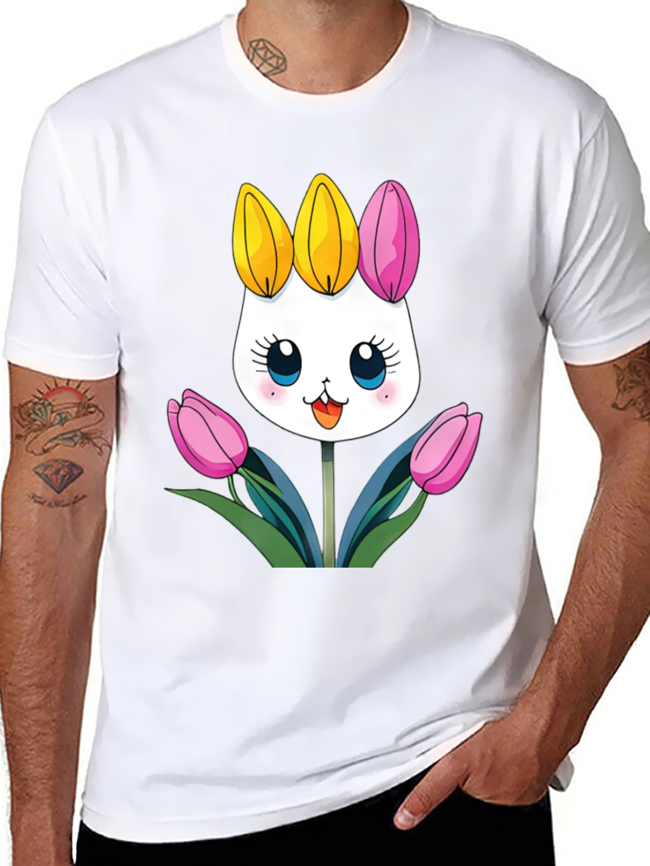 Cute Cartoon Bunny Tulips Black T-Shirt