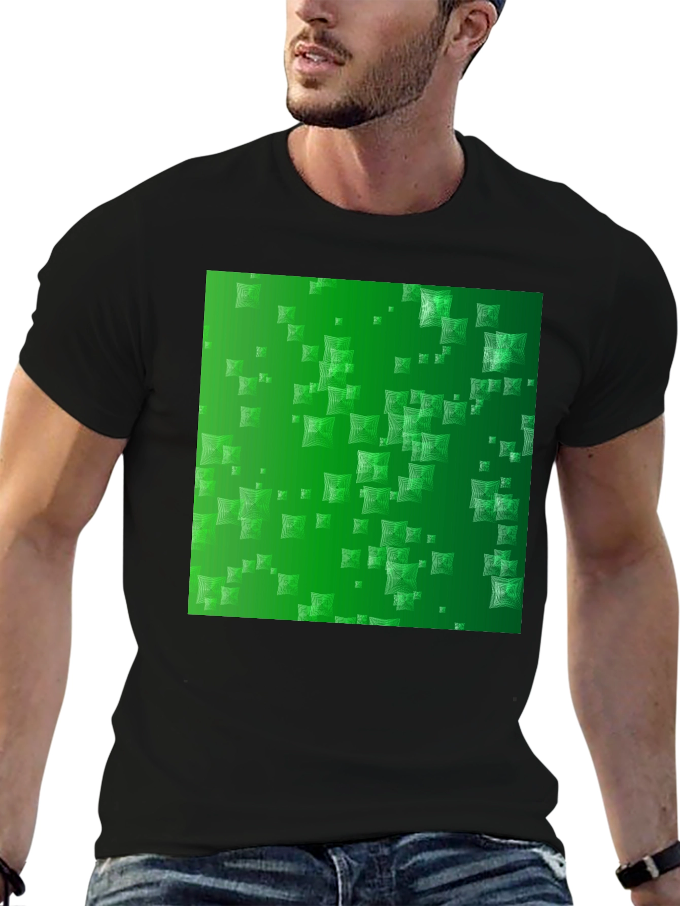 Stylish Black Tee with Green Square Design