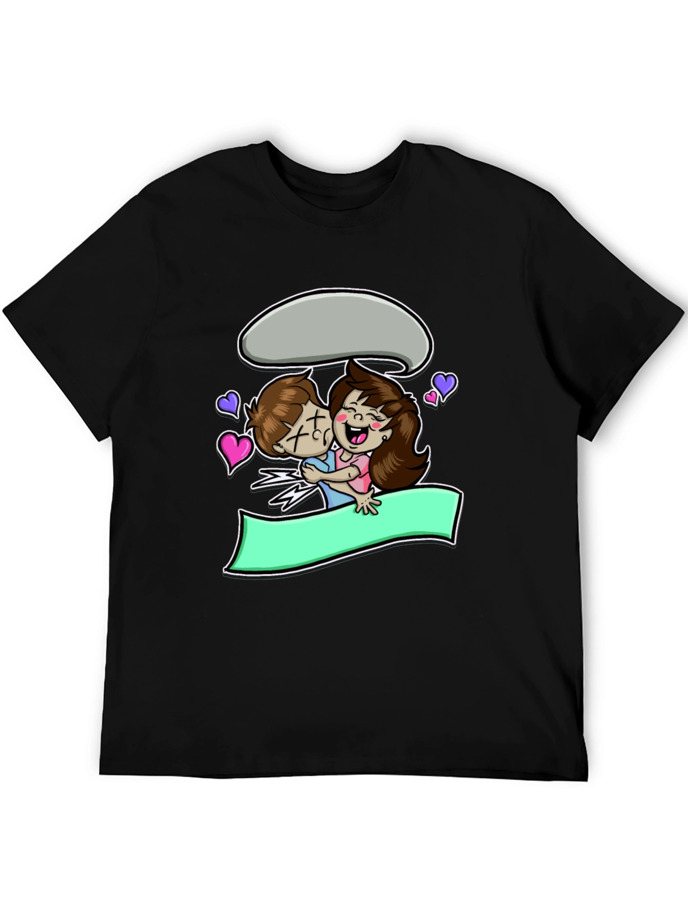 Cartoon Couple Hug Black T-Shirt