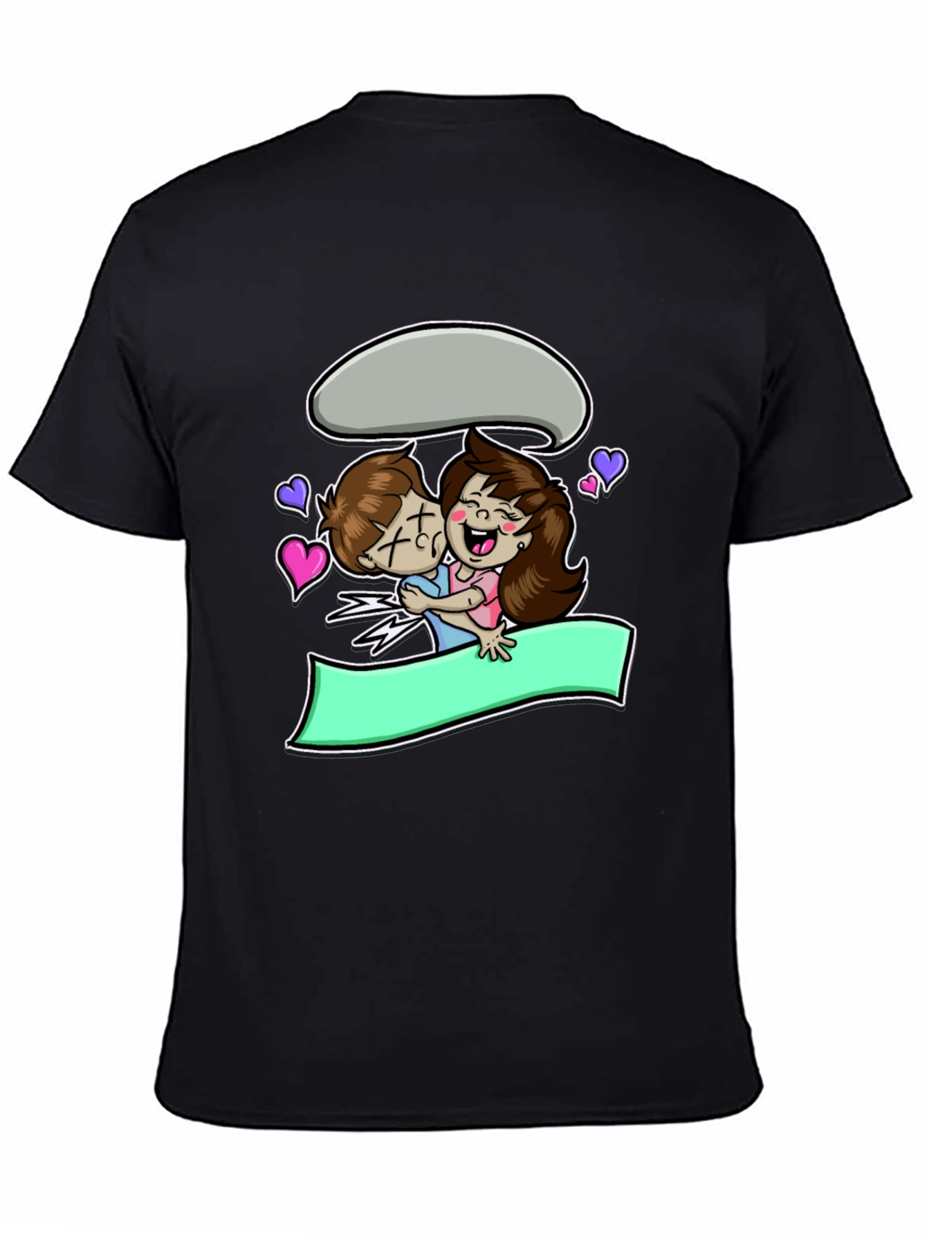 Cartoon Couple Hug Black T-Shirt