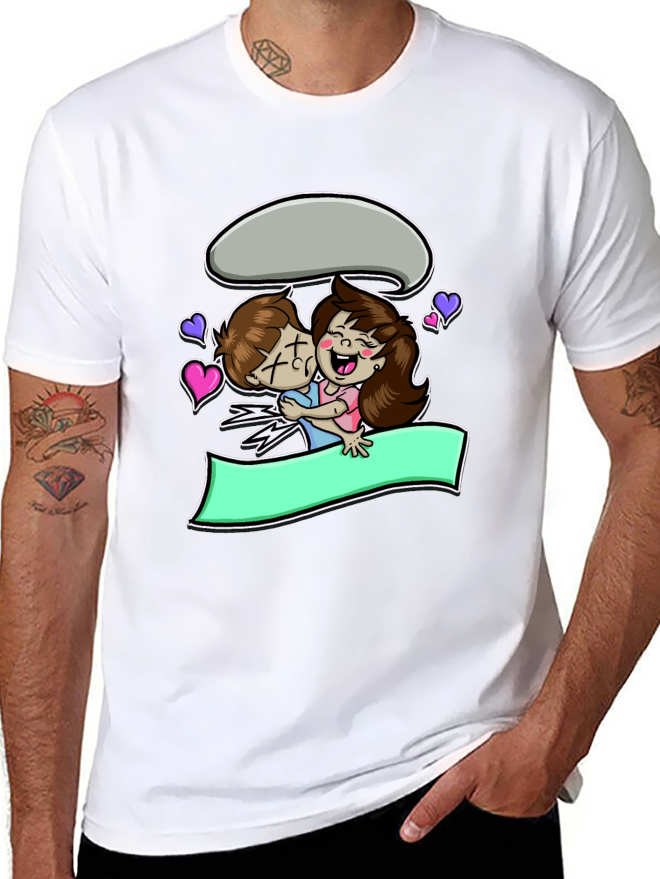Cartoon Couple Hug Black T-Shirt