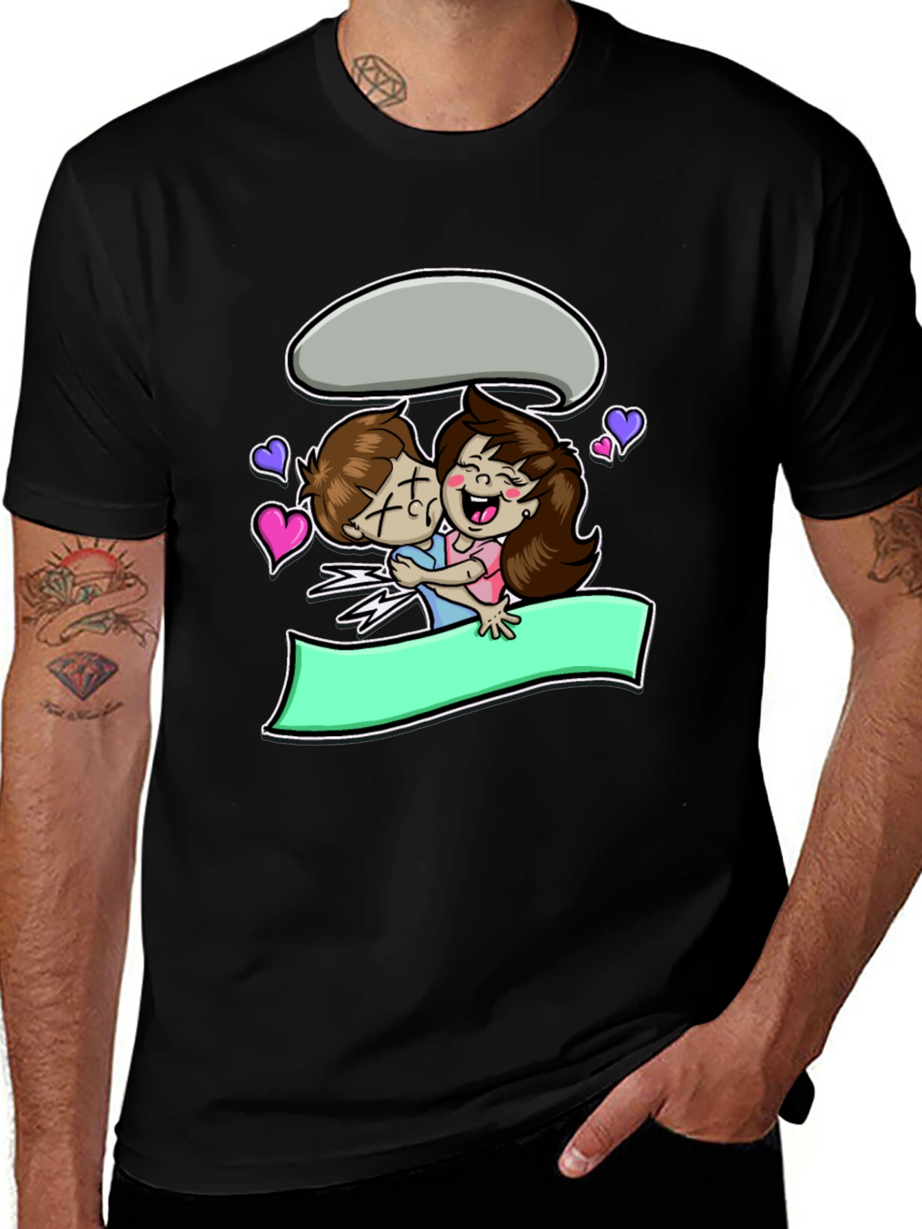 Cartoon Couple Hug Black T-Shirt