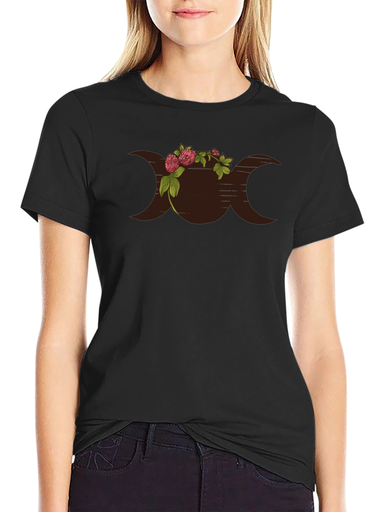 Floral Triple Moon Goddess Black T-Shirt