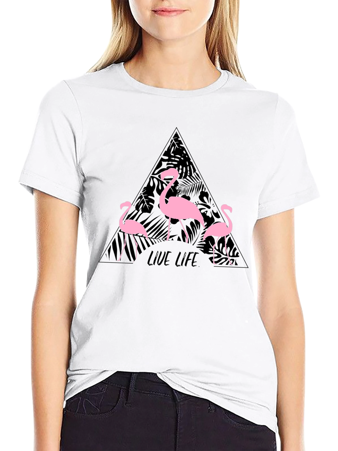 Flamingo Live Life Graphic Print Crew Neck T-Shirt