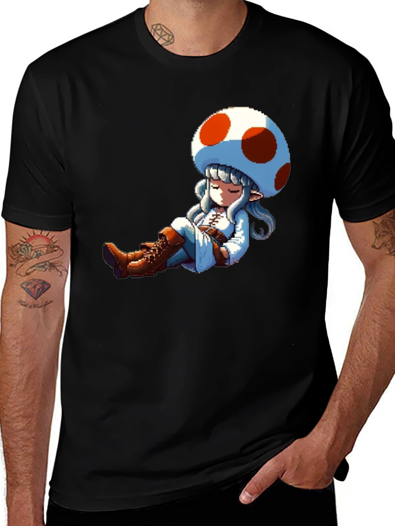 Mushroom Girl Pixel Art Black T-Shirt