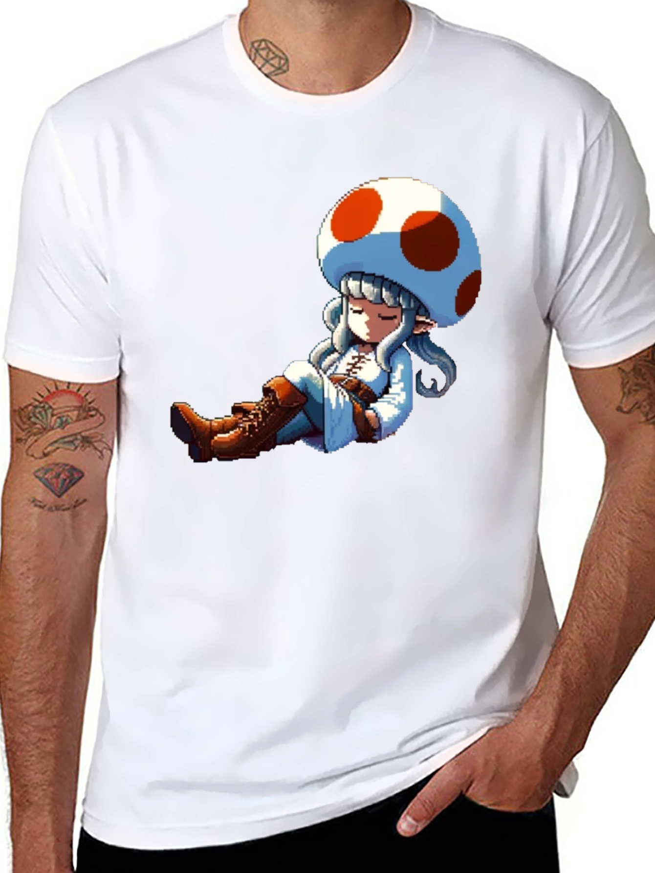 Mushroom Girl Pixel Art Black T-Shirt