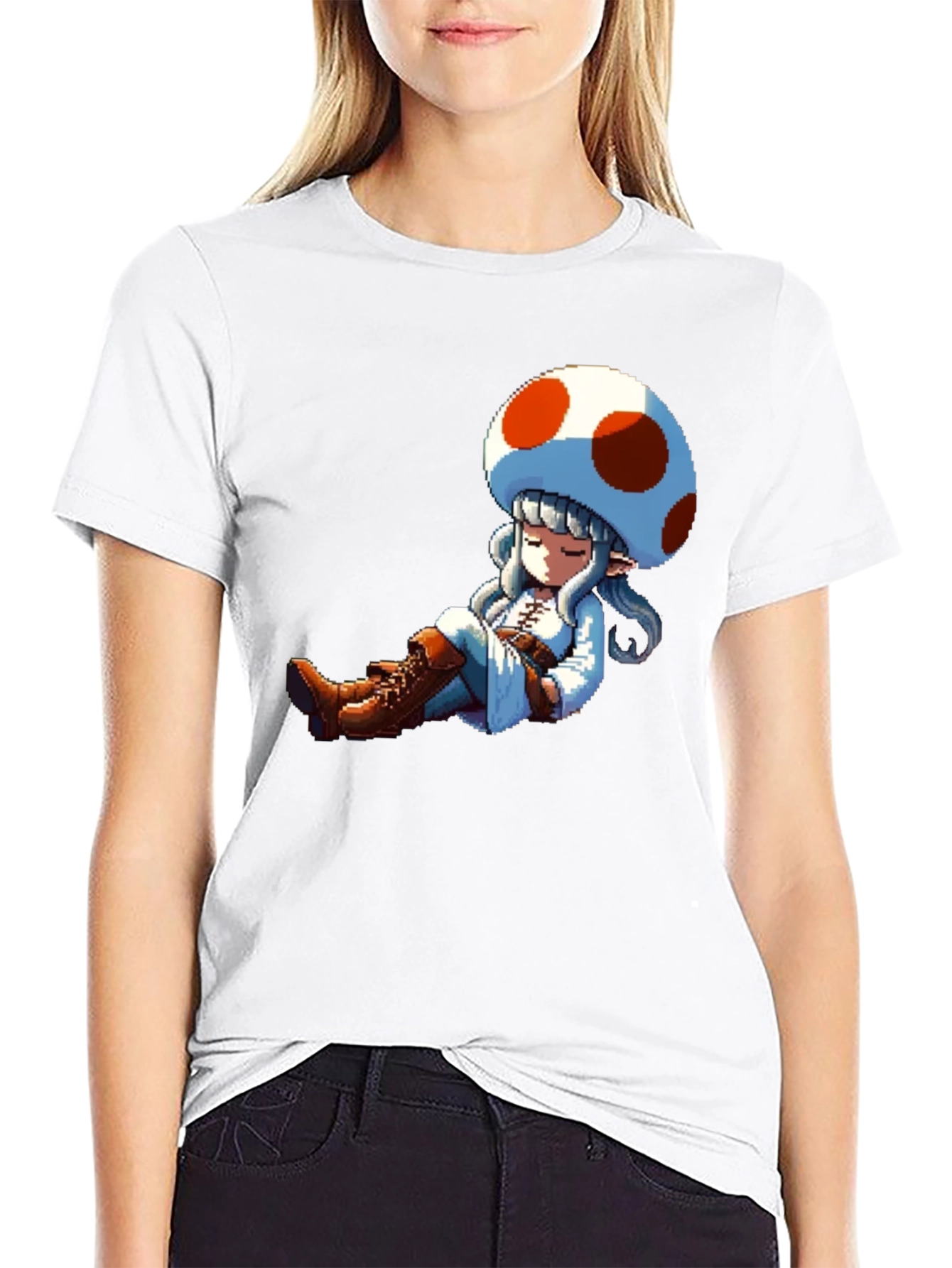 Mushroom Girl Pixel Art Black T-Shirt