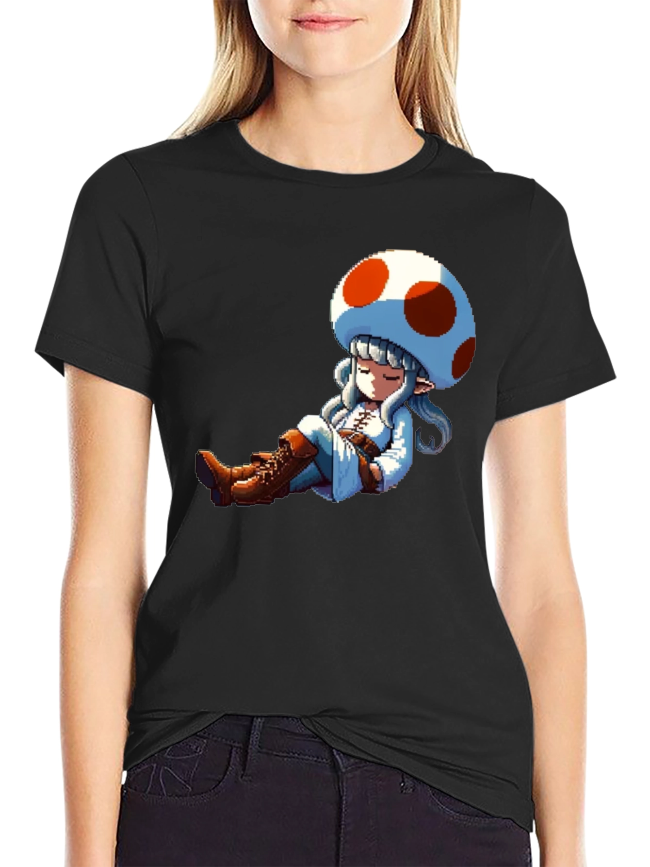 Mushroom Girl Pixel Art Black T-Shirt