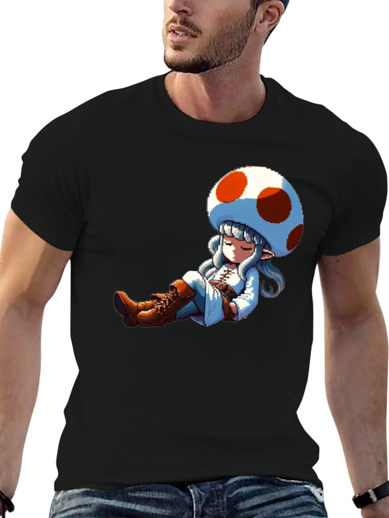 Mushroom Girl Pixel Art Black T-Shirt