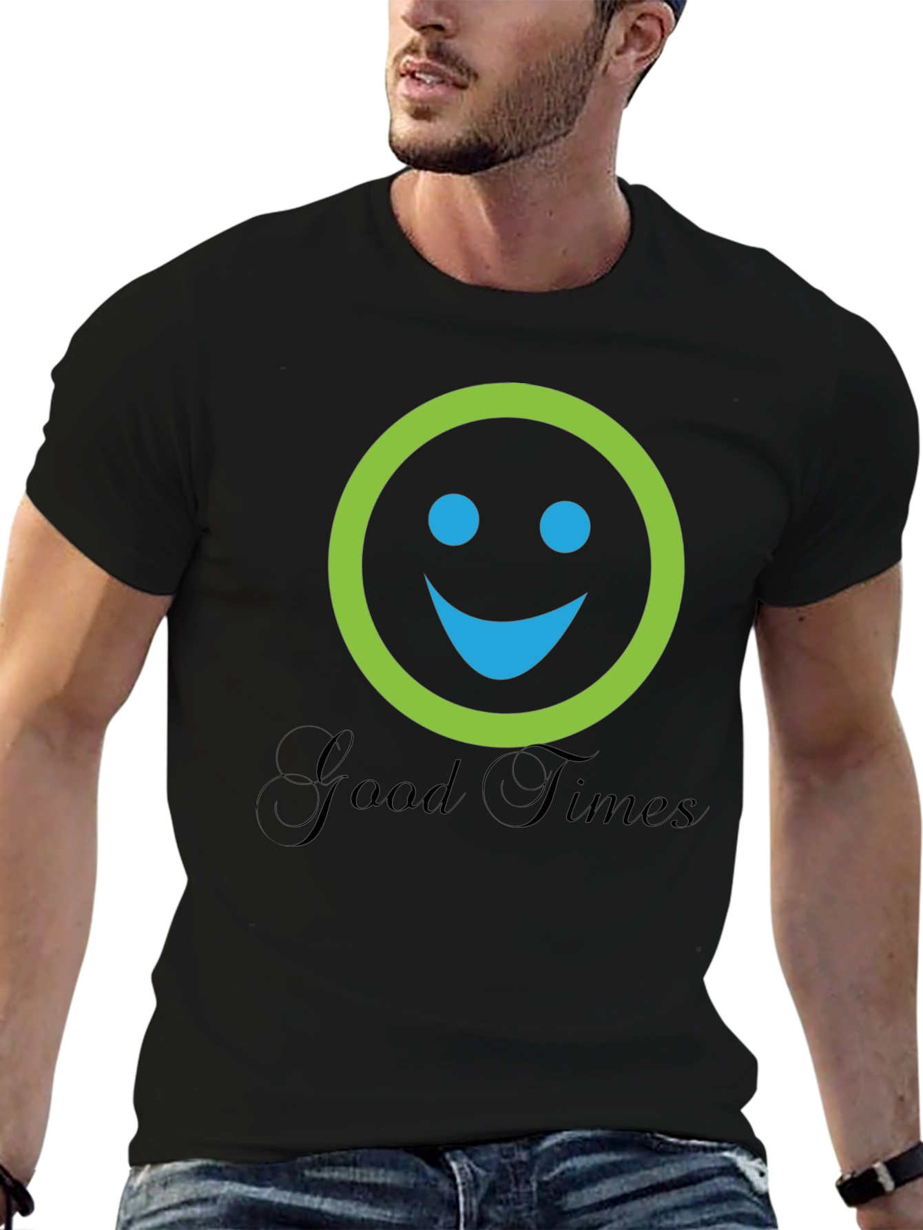 Smiley Face Graphic Black T-Shirt - Good Times
