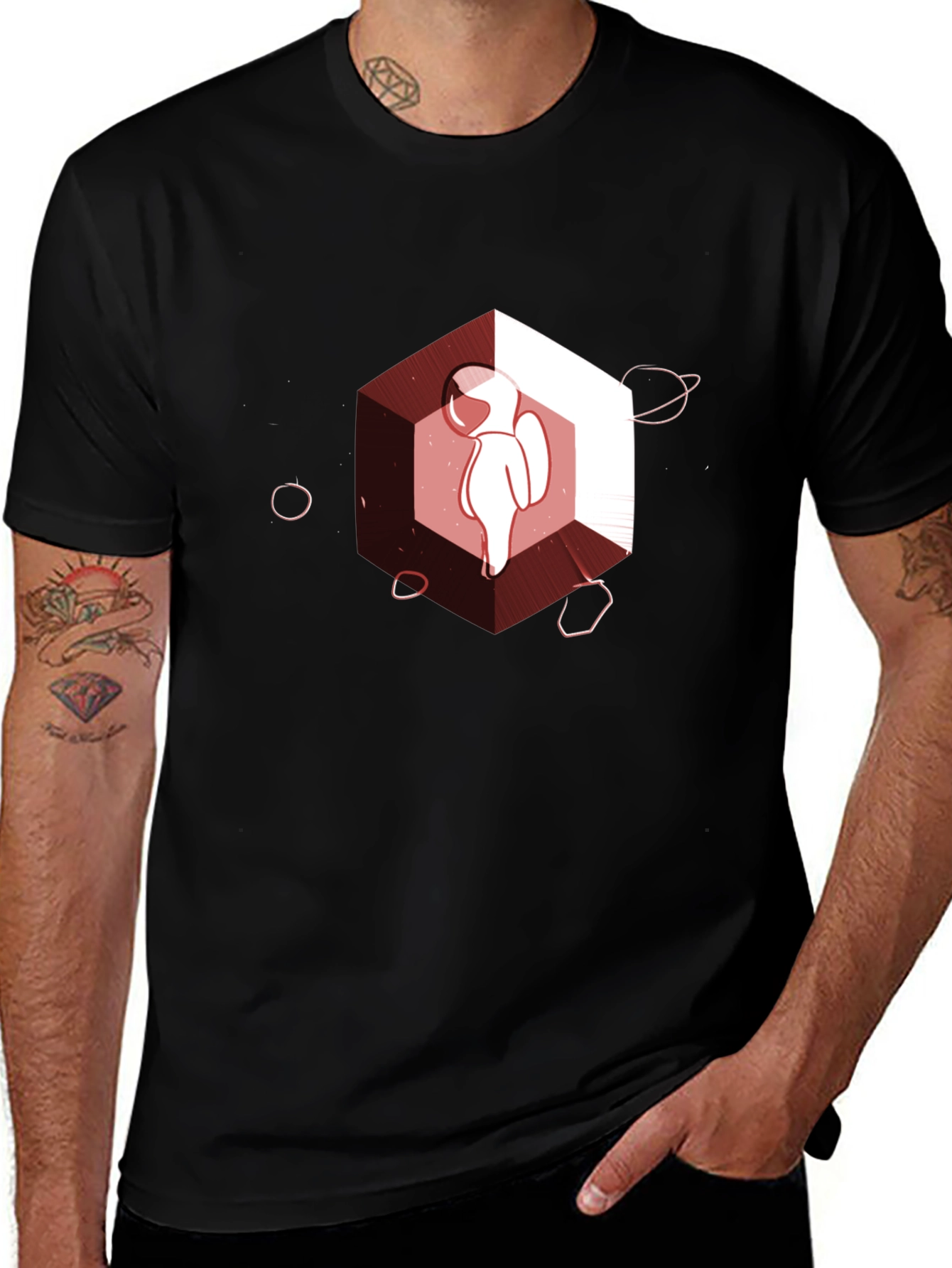 Astronaut in Space Hexagon Graphic Tee - Black