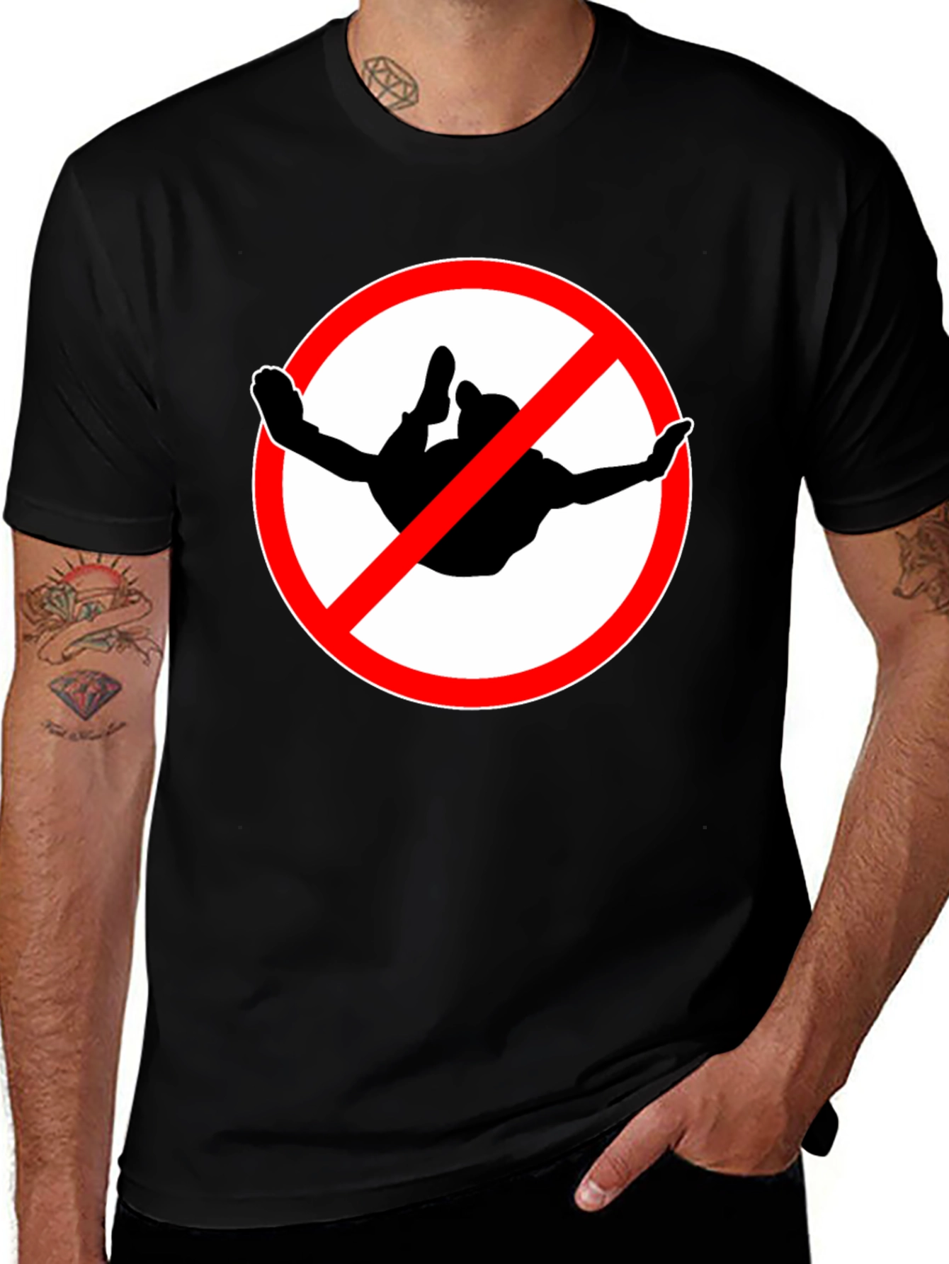 No Skydiving Black T-Shirt Graphic Tee Novelty Gift
