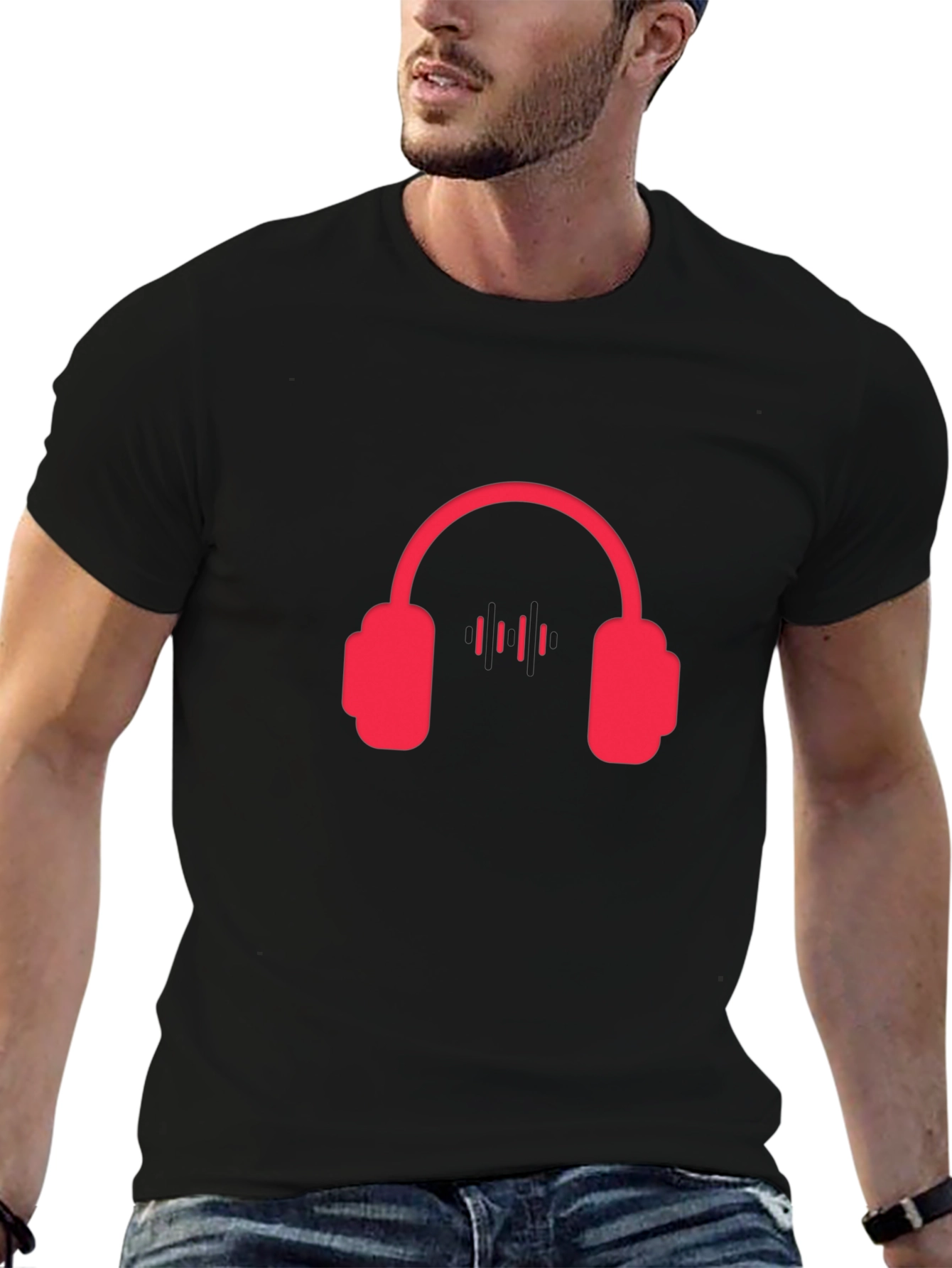 Red Headphone Graphic Tee - Black Casual T-Shirt