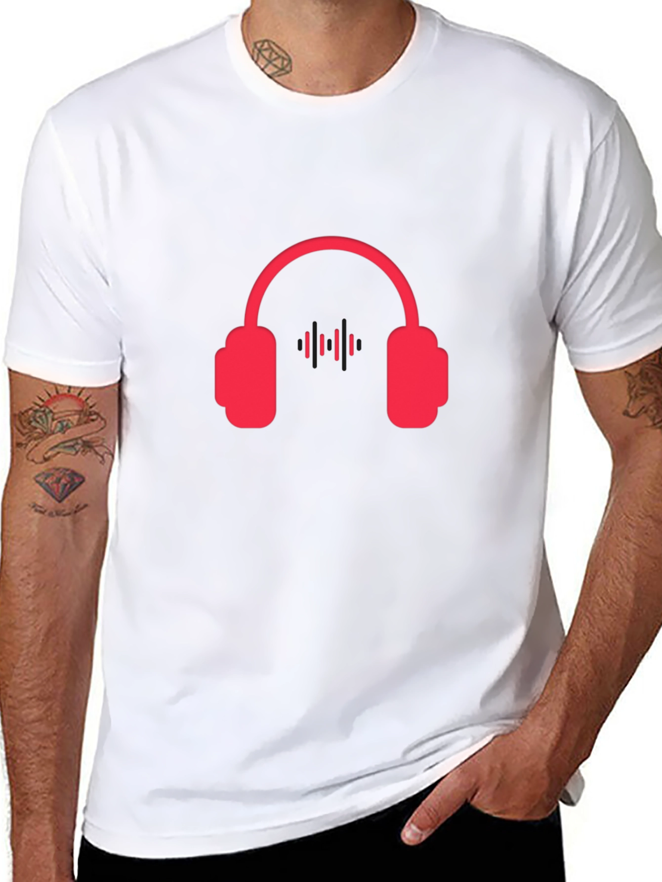 Red Headphone Graphic Tee - Black Casual T-Shirt