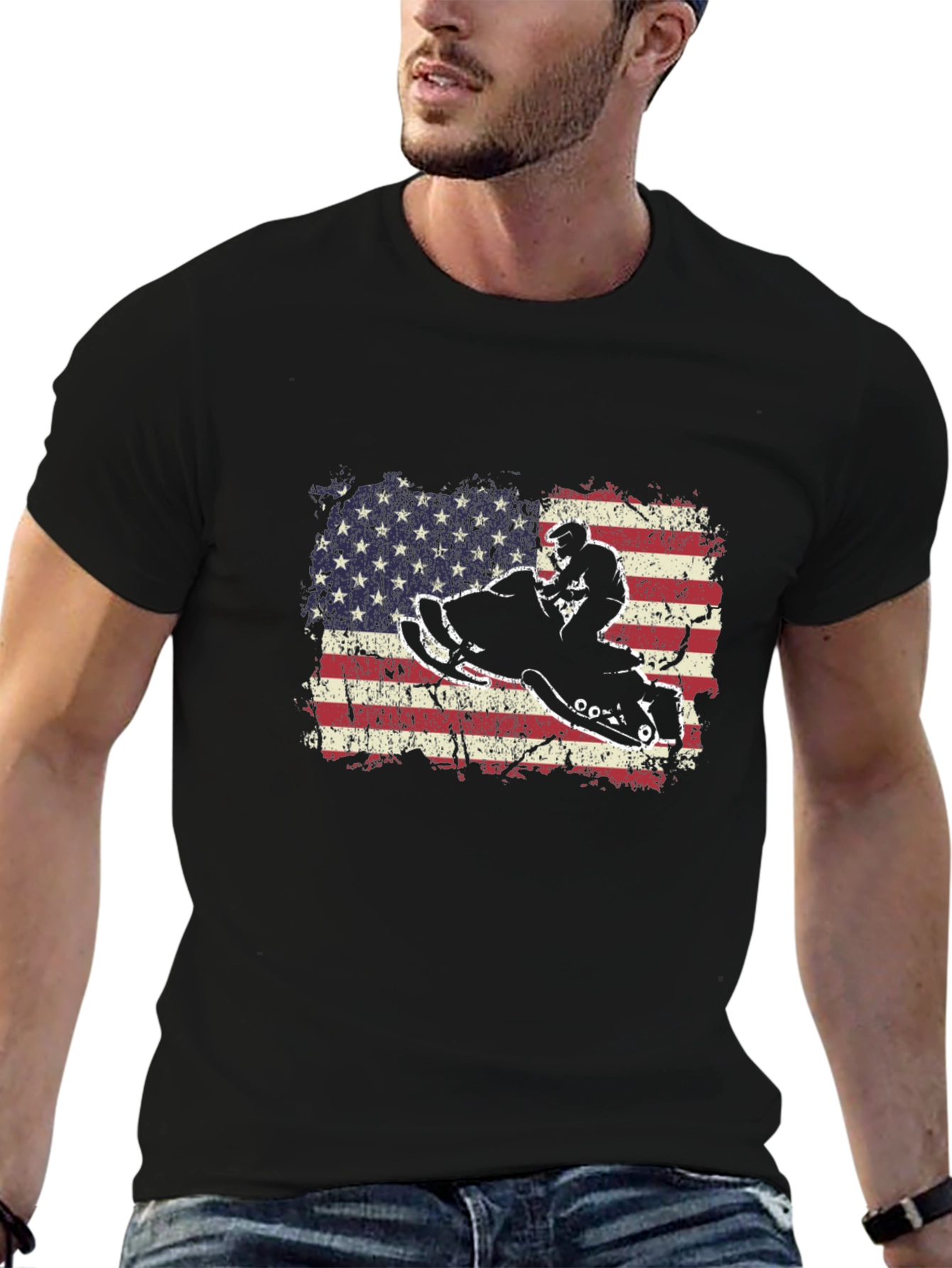 Snowmobile American Flag Graphic T-Shirt