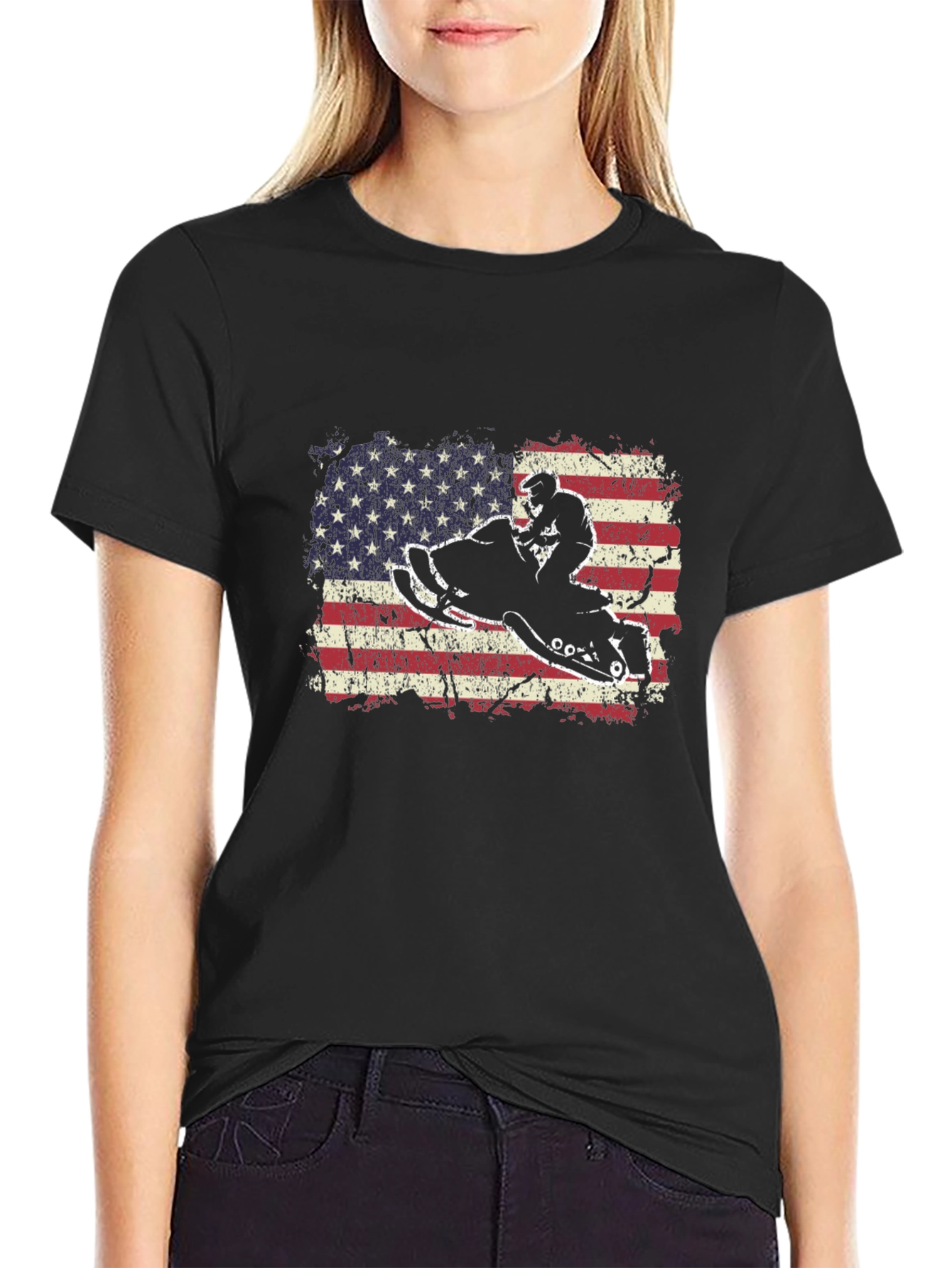 Snowmobile American Flag Graphic T-Shirt
