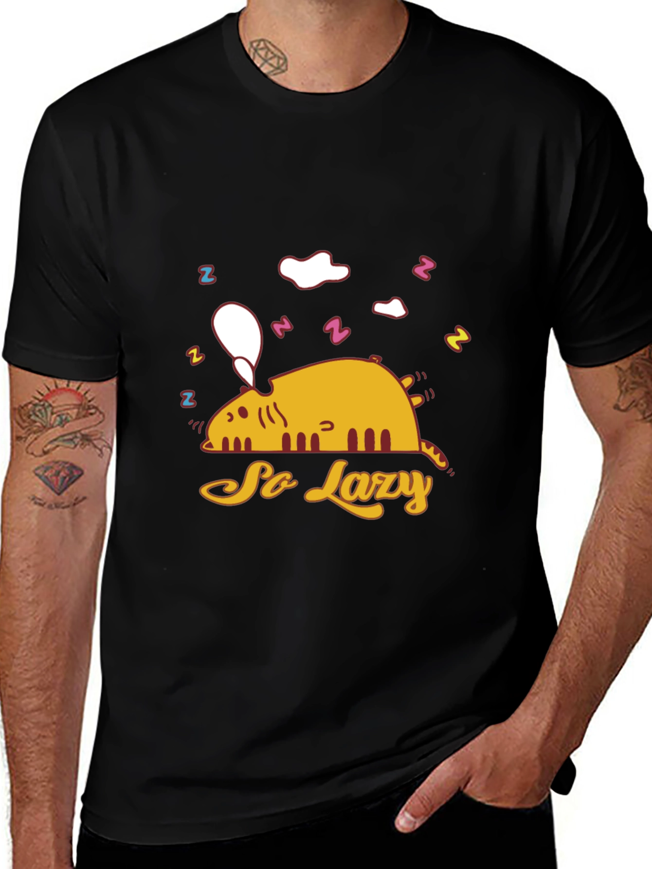 So Lazy Cat Graphic T-Shirt - Black Cotton Tee