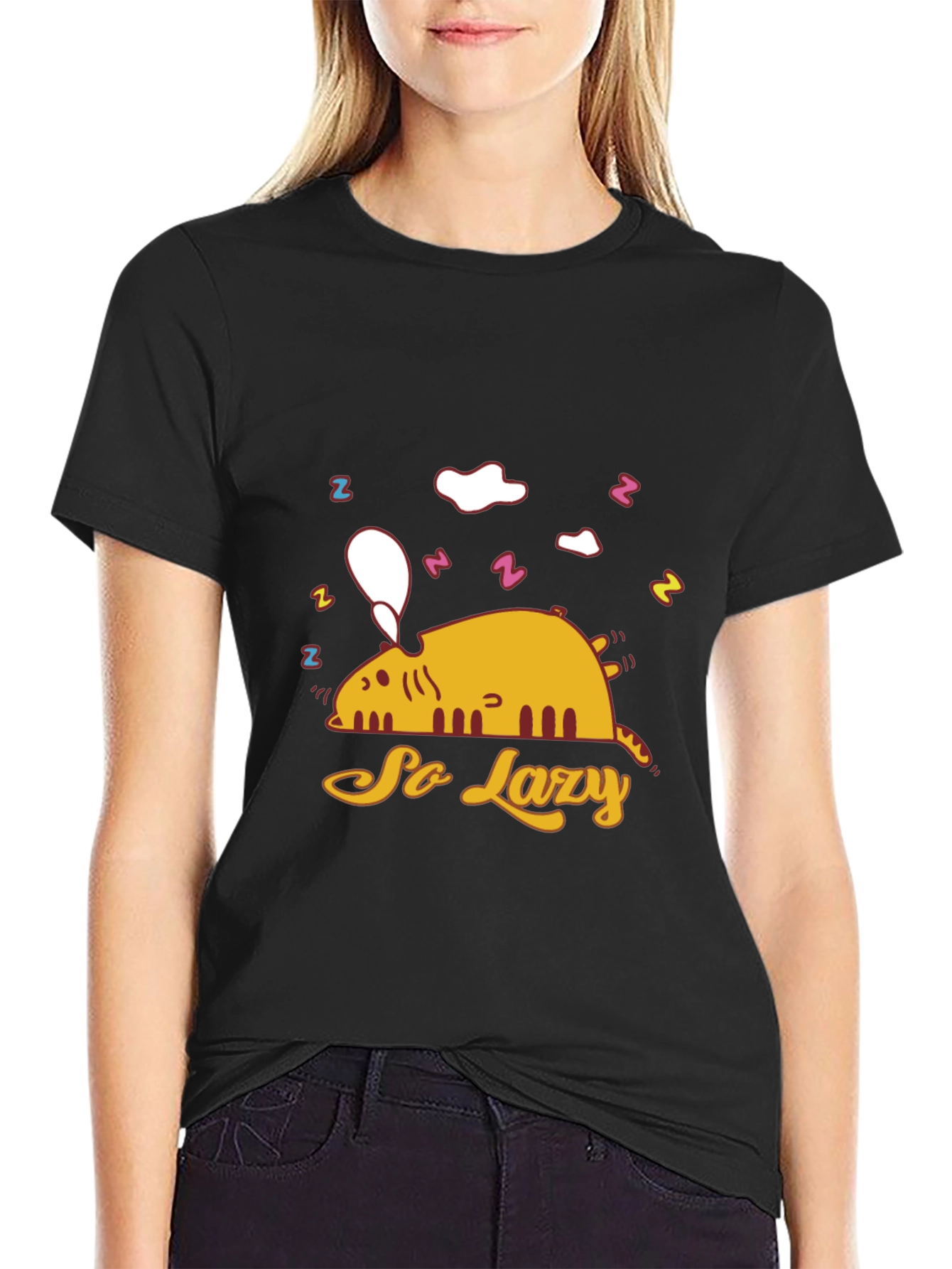 So Lazy Cat Graphic T-Shirt - Black Cotton Tee