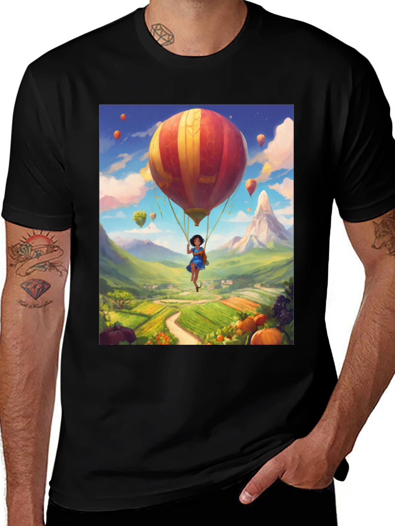 Whimsical Hot Air Balloon Graphic Tee - Black