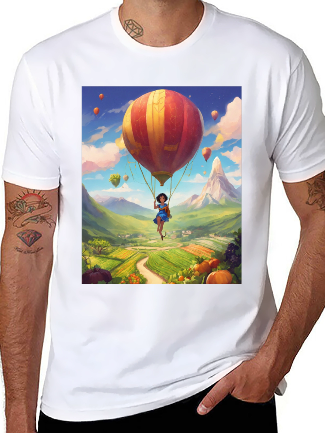 Whimsical Hot Air Balloon Graphic Tee - Black
