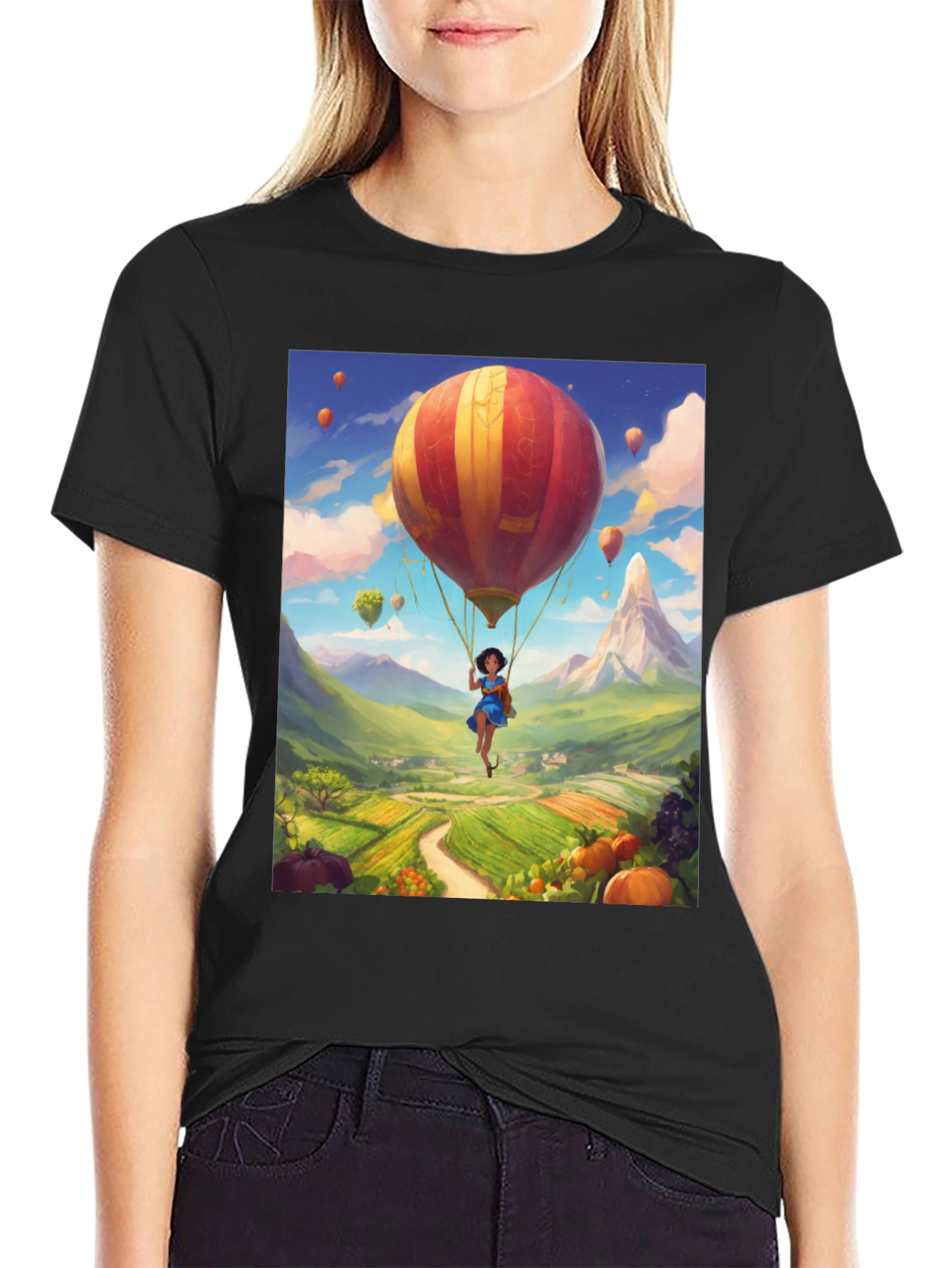 Whimsical Hot Air Balloon Graphic Tee - Black