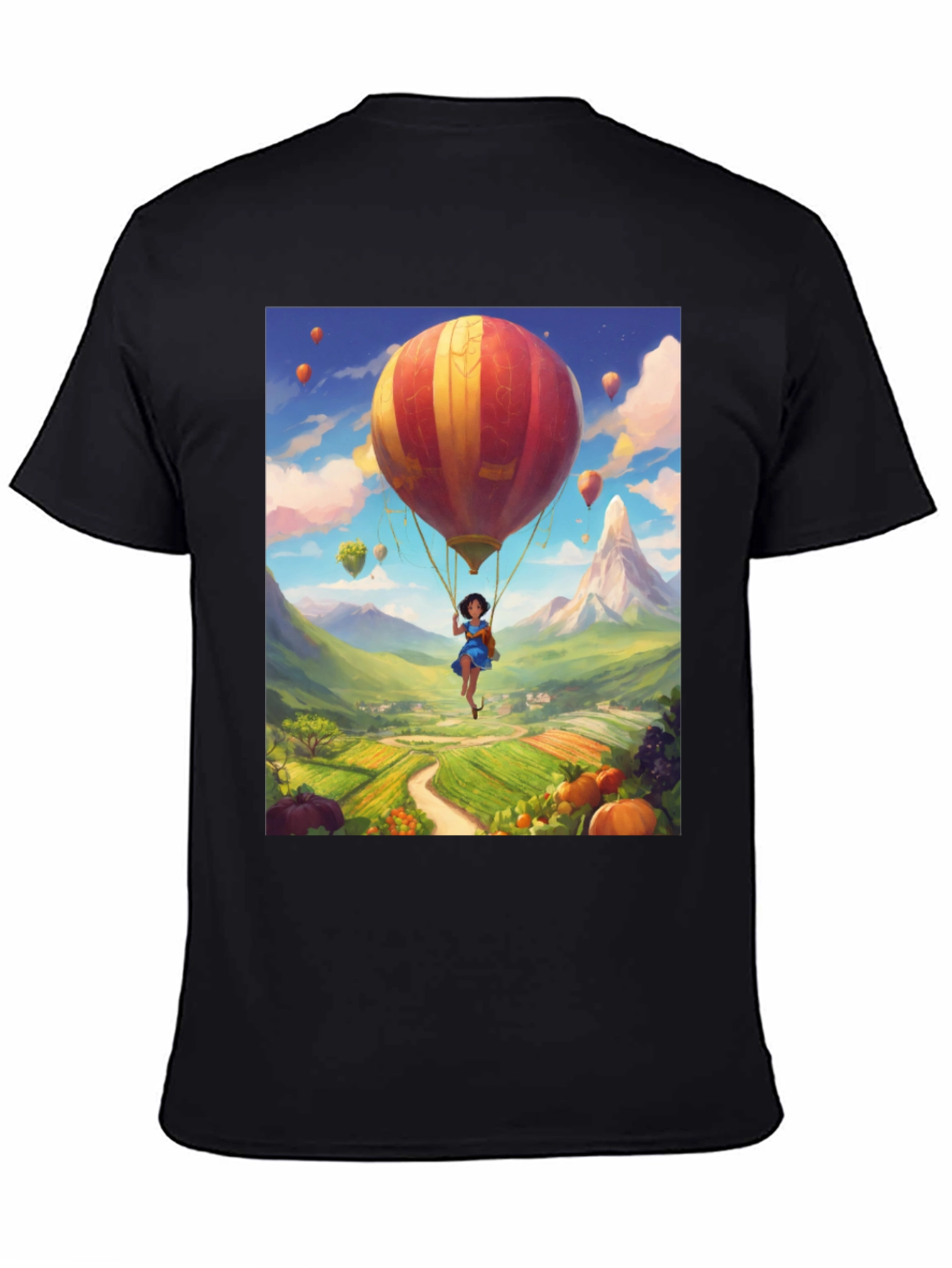 Whimsical Hot Air Balloon Graphic Tee - Black