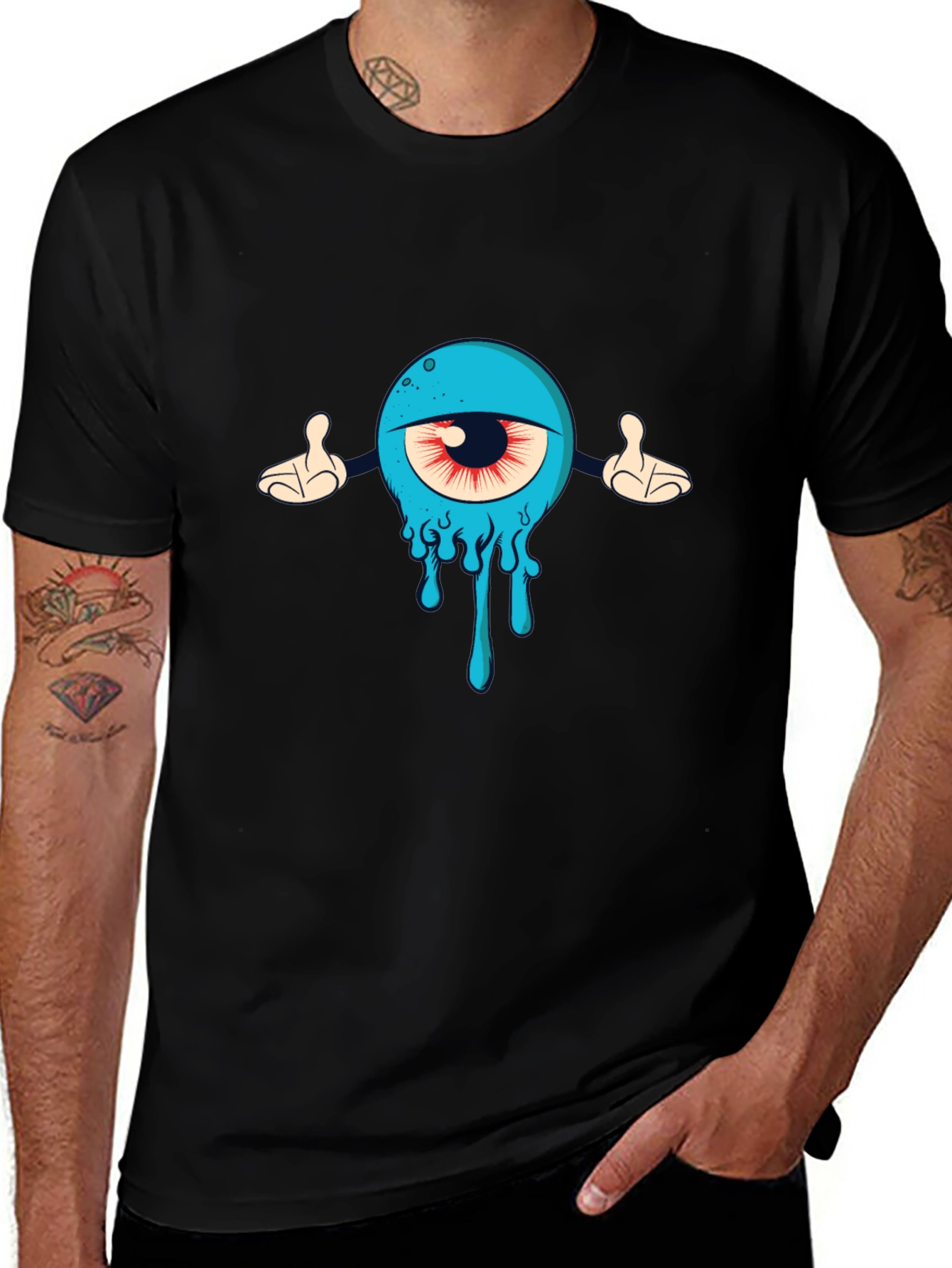 Mens Black T-Shirt with Cartoon Eye Design