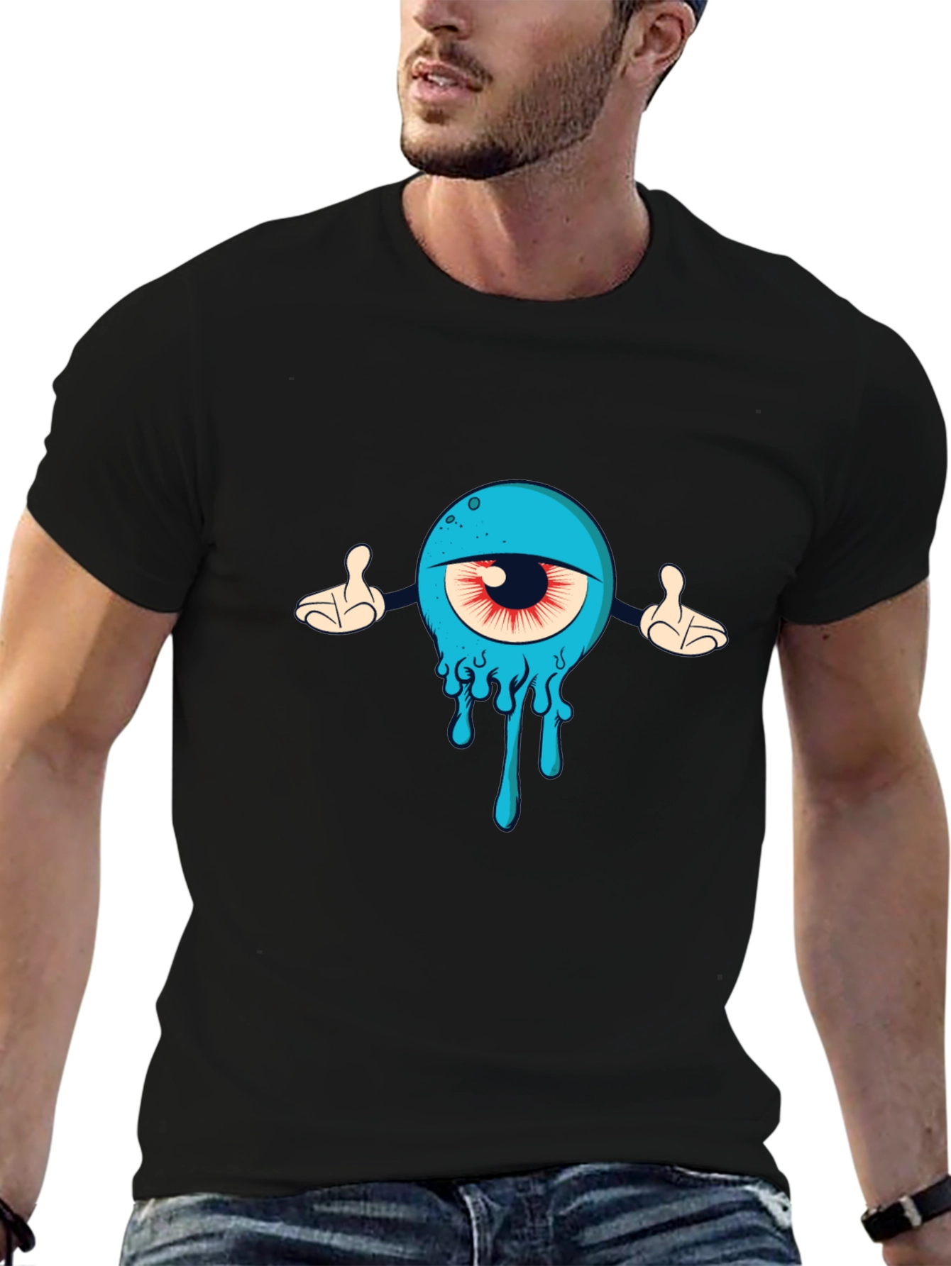 Mens Black T-Shirt with Cartoon Eye Design