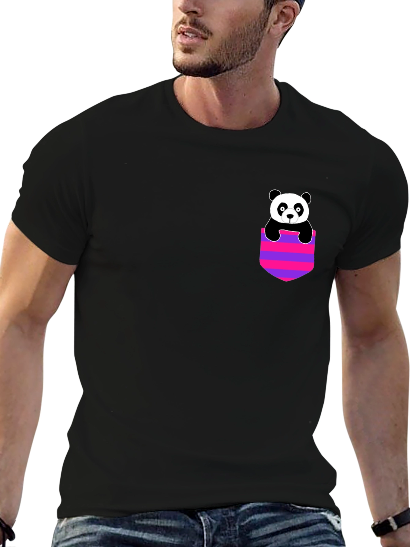 Panda Pocket Graphic T-Shirt - Black Crew Neck