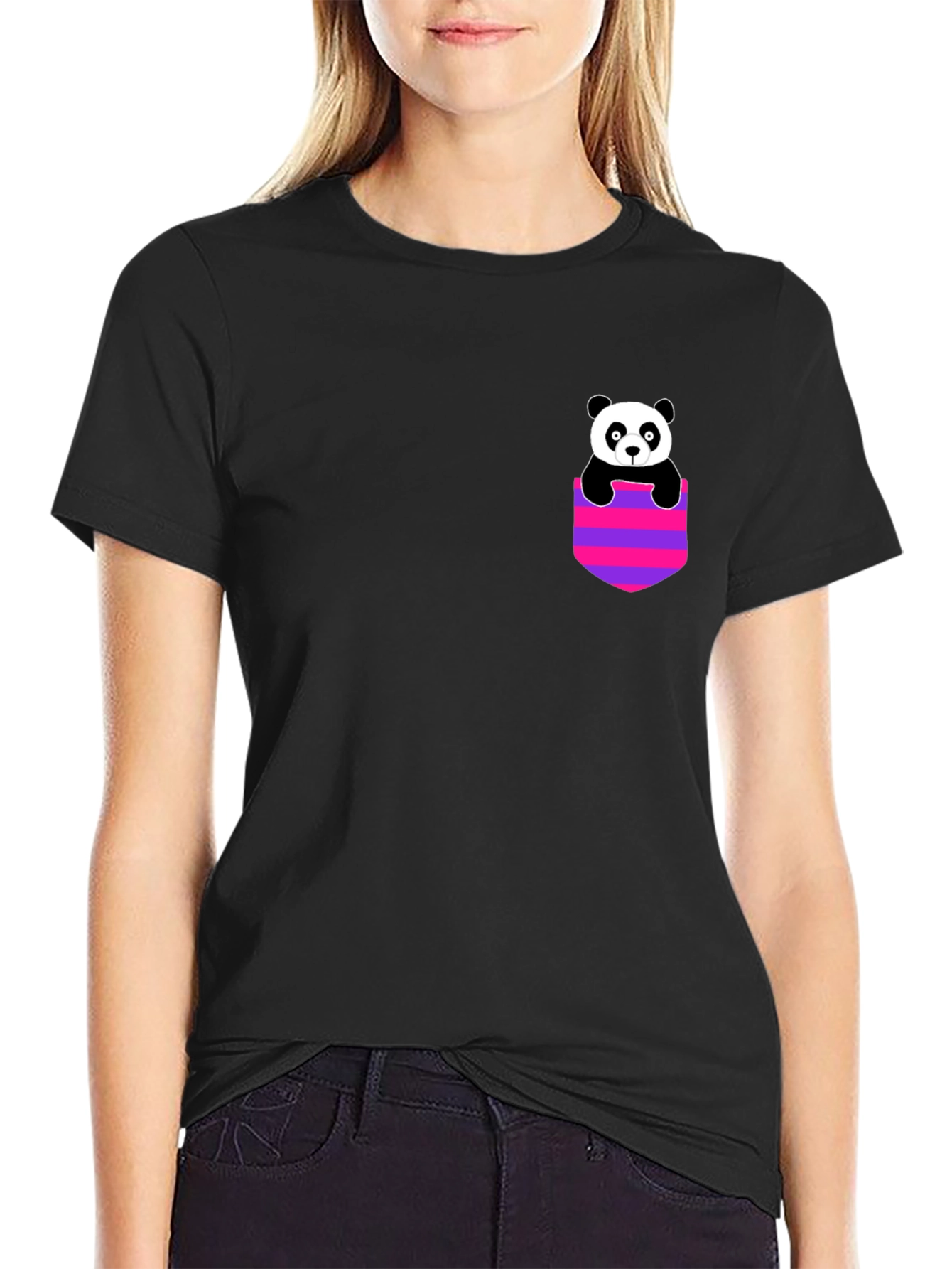 Panda Pocket Graphic T-Shirt - Black Crew Neck