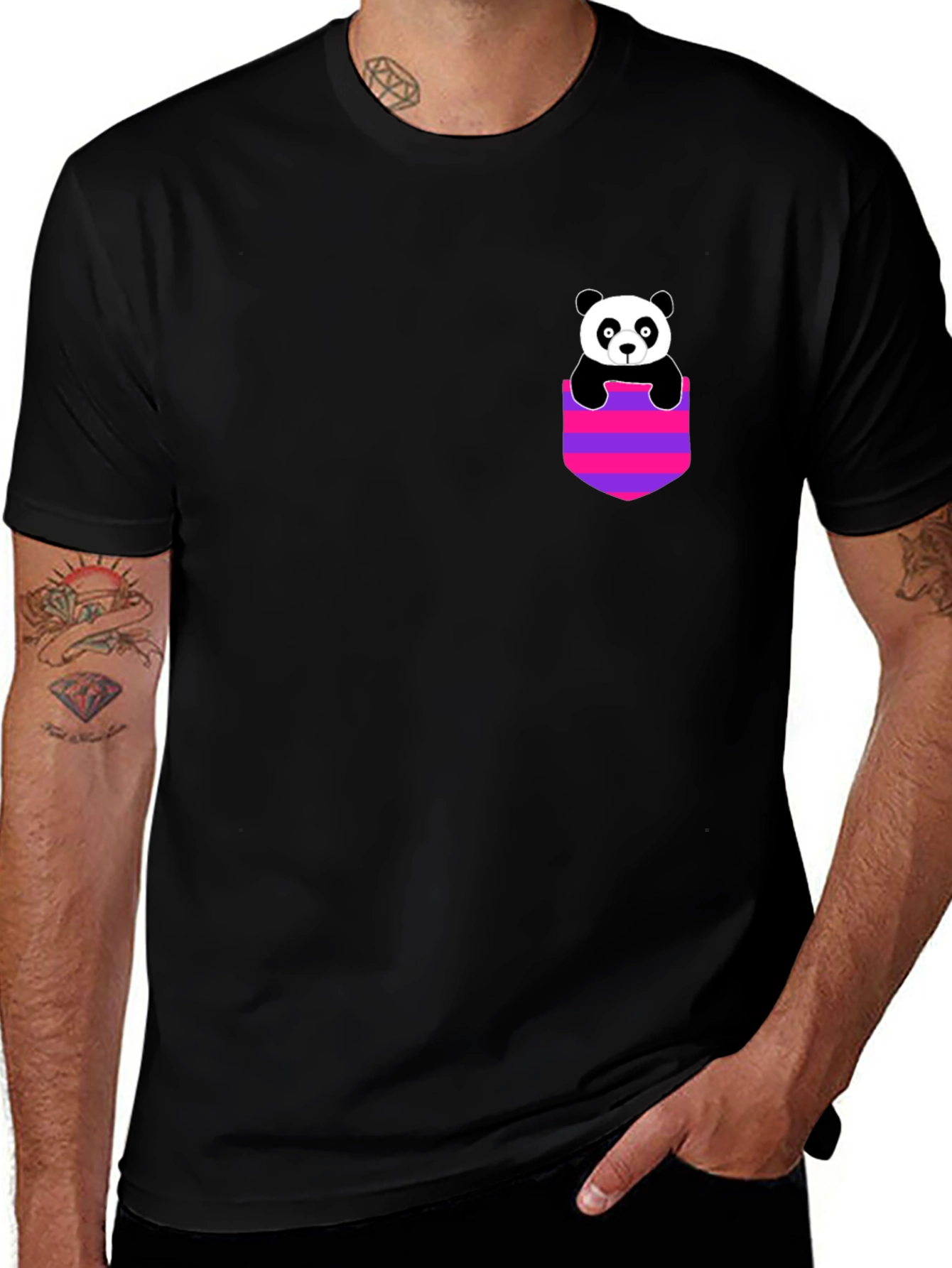 Panda Pocket Graphic T-Shirt - Black Crew Neck