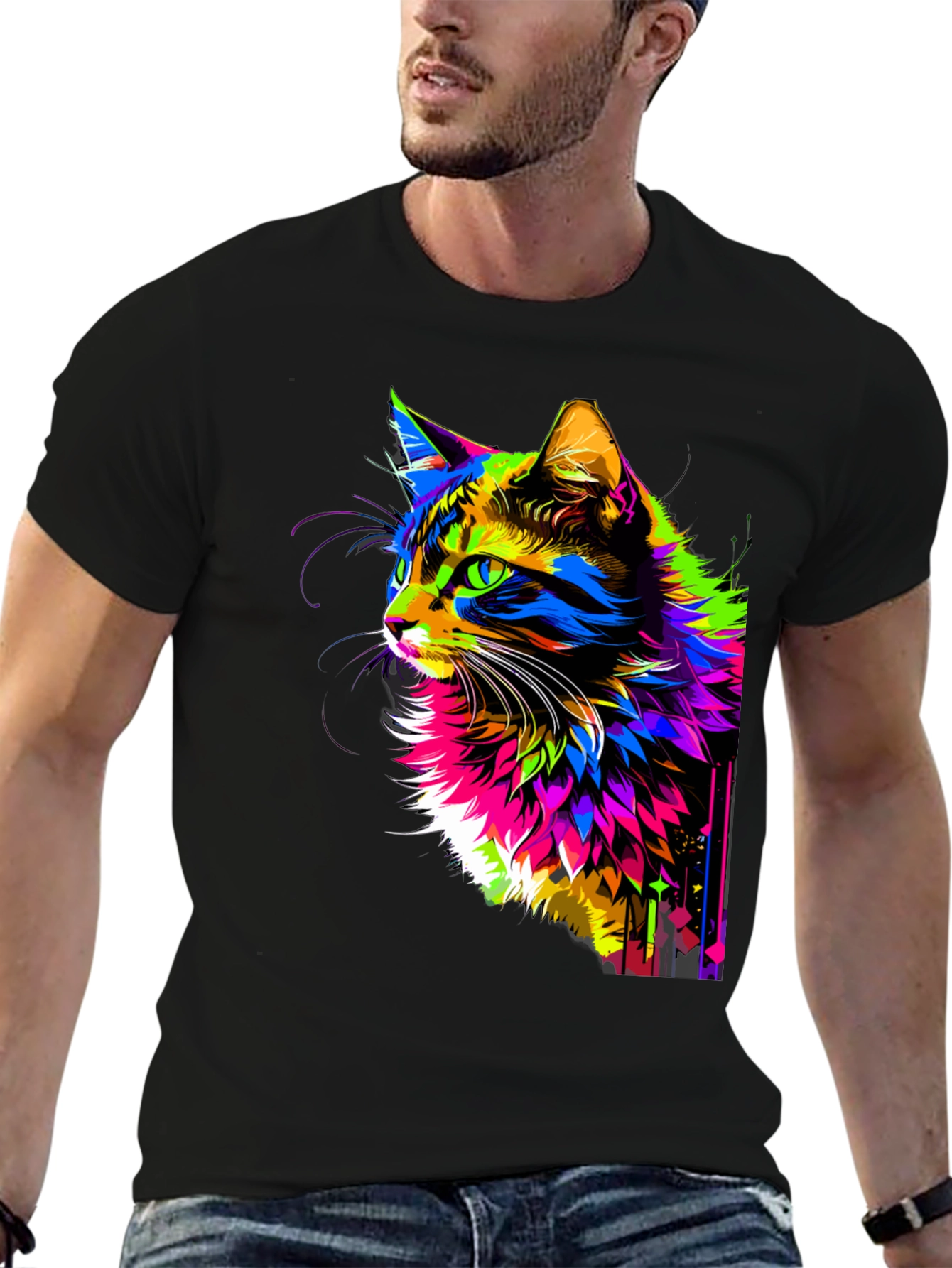 Vibrant Cat Graphic Black T-Shirt