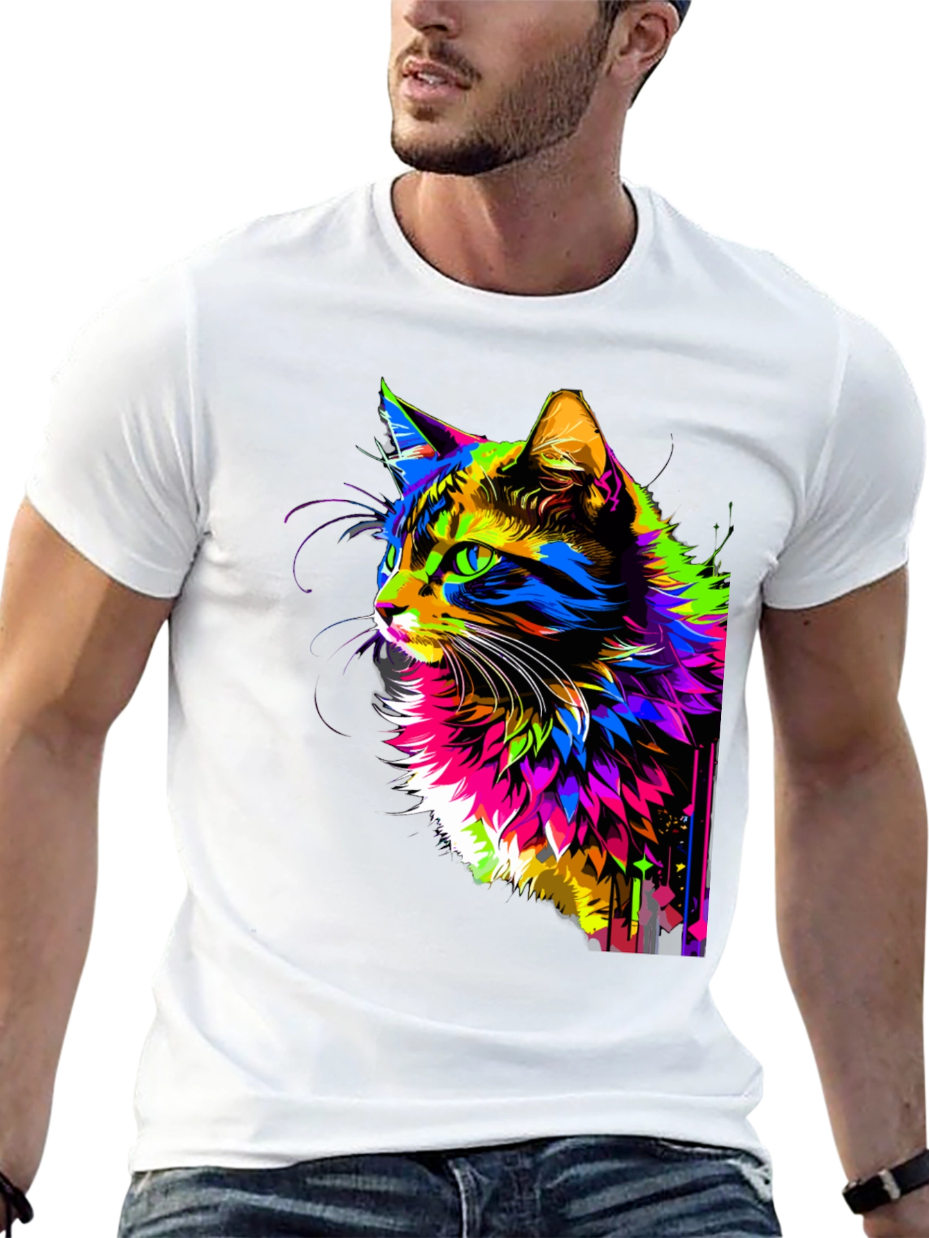Vibrant Cat Graphic Black T-Shirt