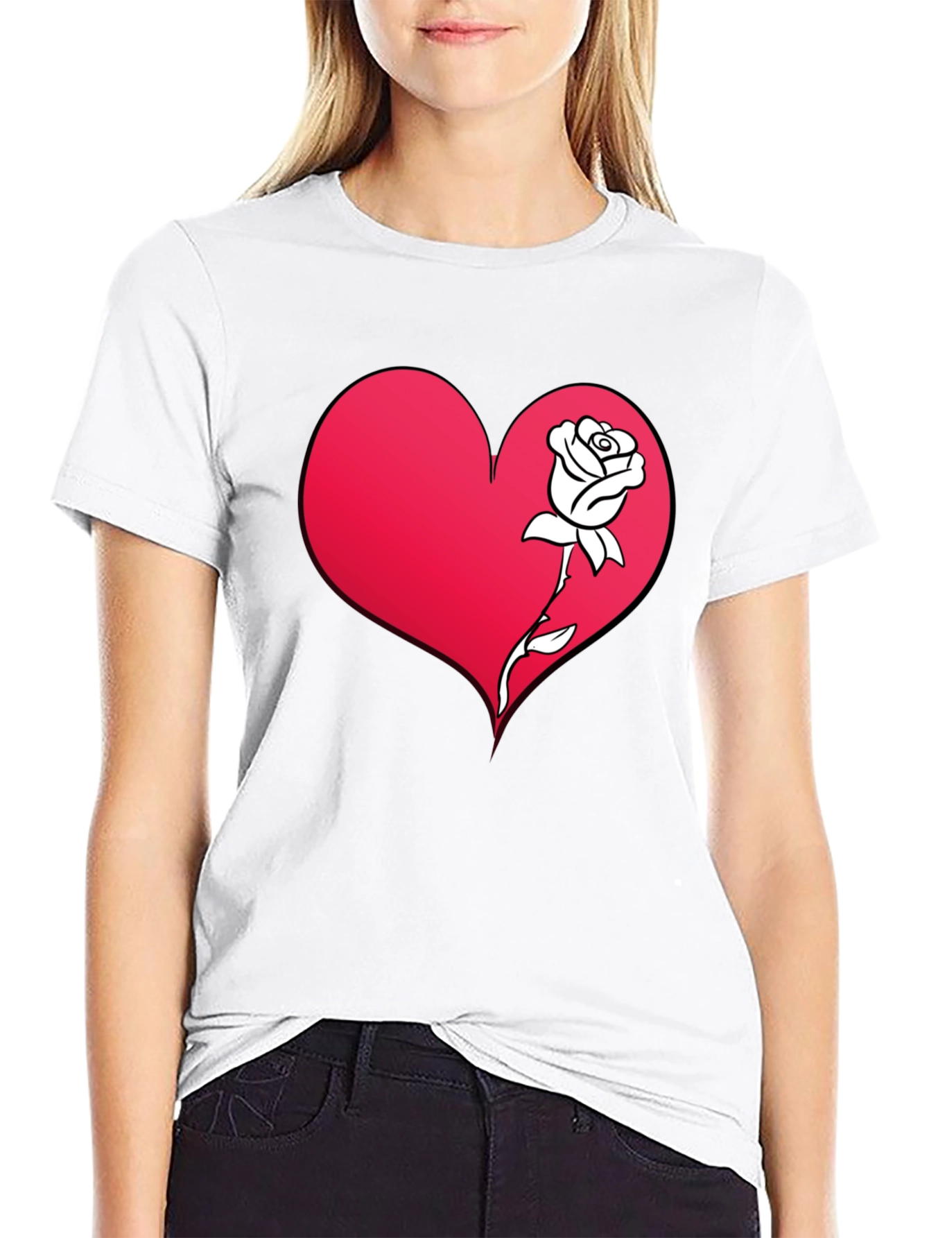 Heart and Rose Graphic Tee - Black Casual T-Shirt