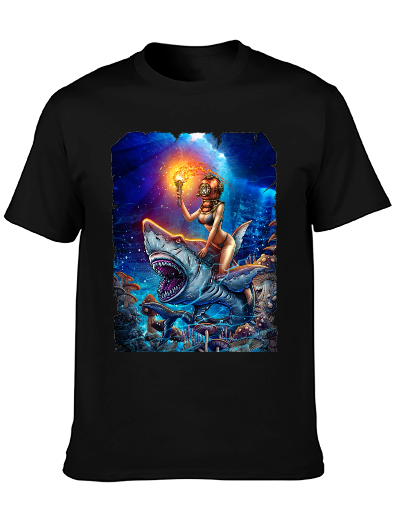 Diver Girl Riding Shark T-Shirt - Unique Graphic Tee