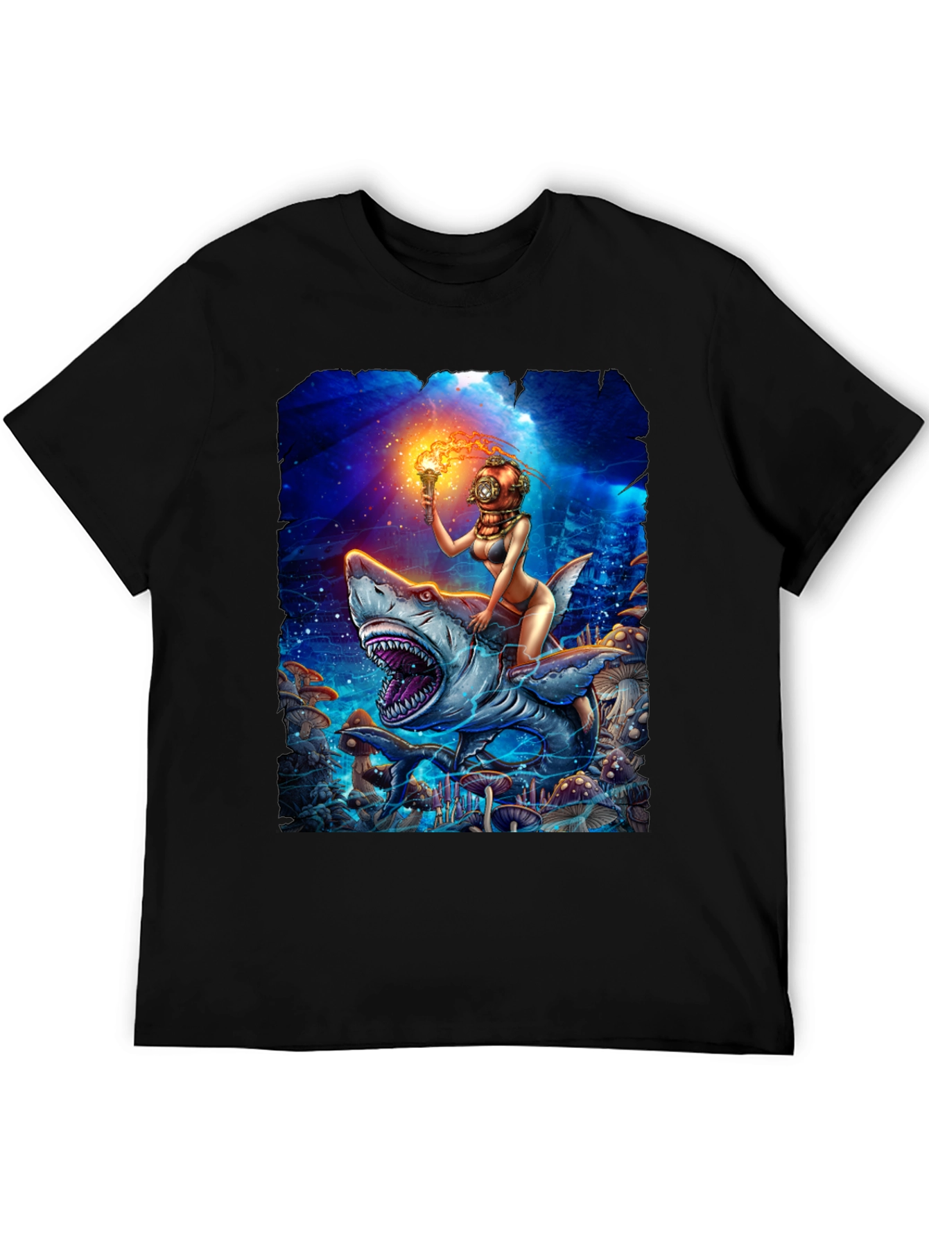 Diver Girl Riding Shark T-Shirt - Unique Graphic Tee