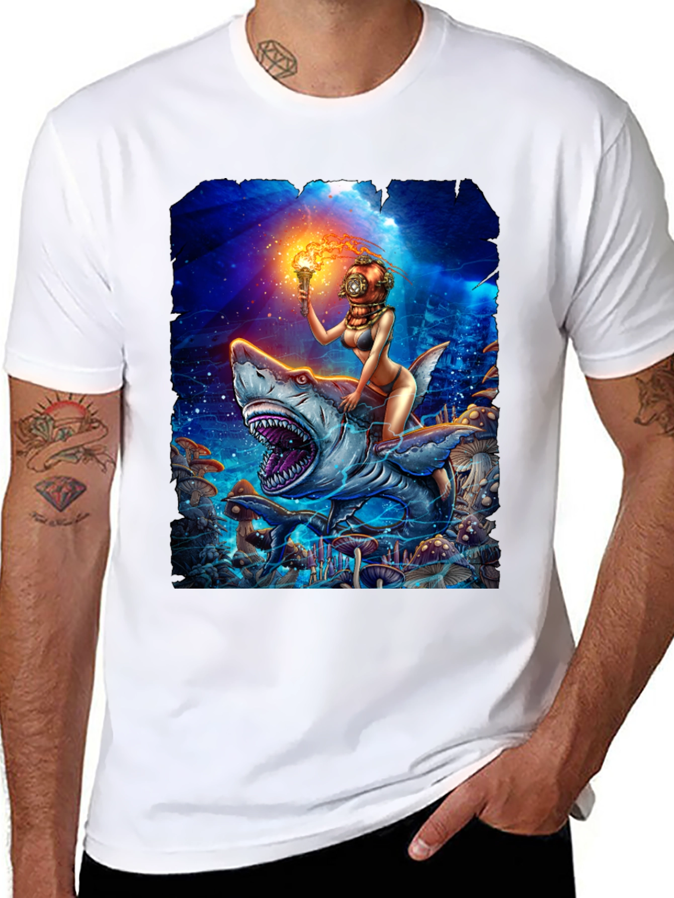 Diver Girl Riding Shark T-Shirt - Unique Graphic Tee