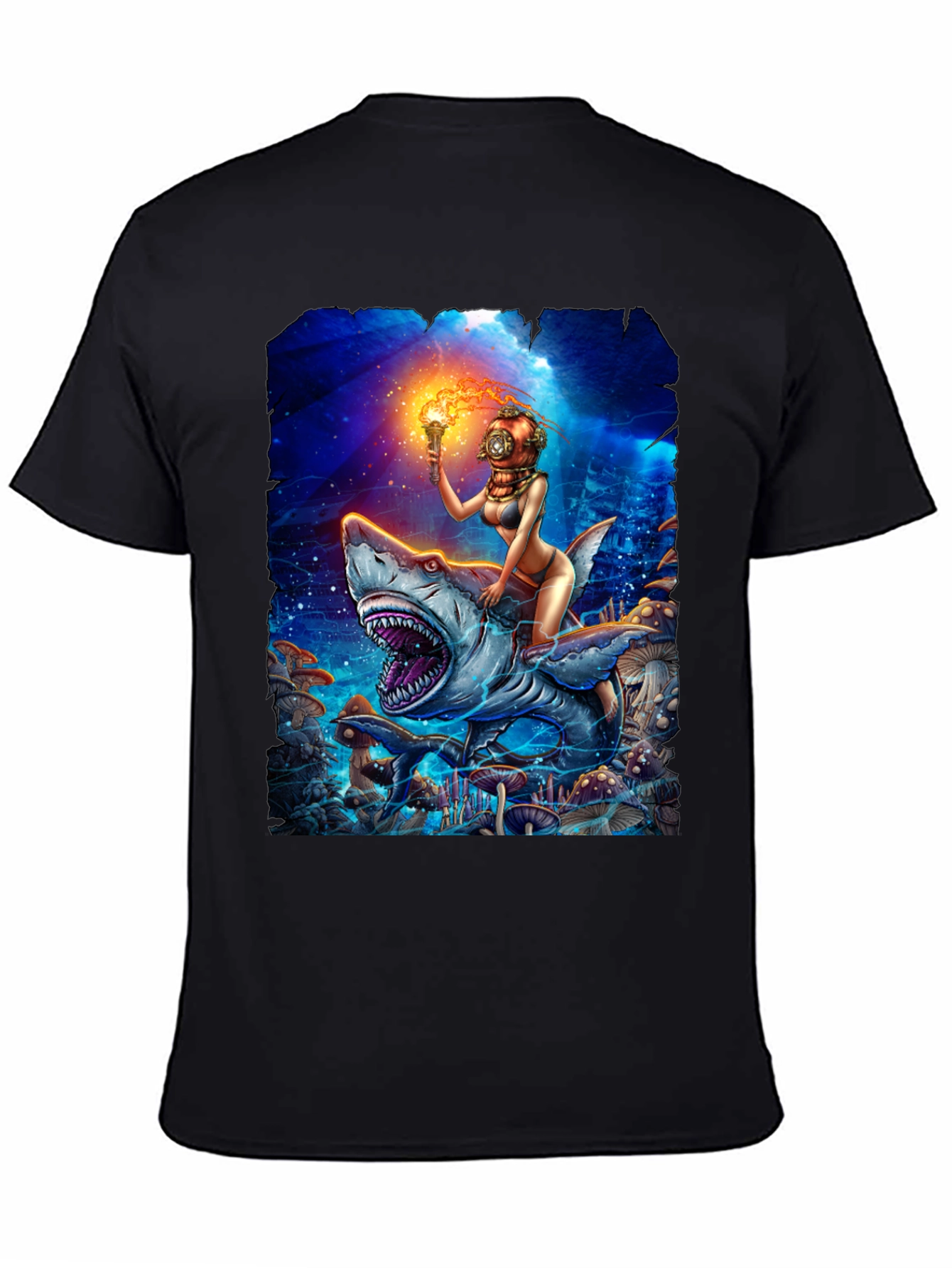 Diver Girl Riding Shark T-Shirt - Unique Graphic Tee
