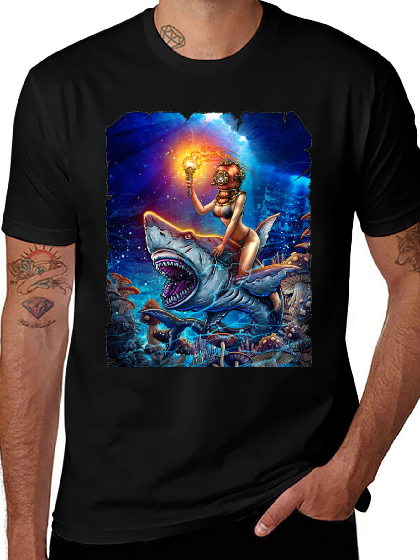 Diver Girl Riding Shark T-Shirt - Unique Graphic Tee