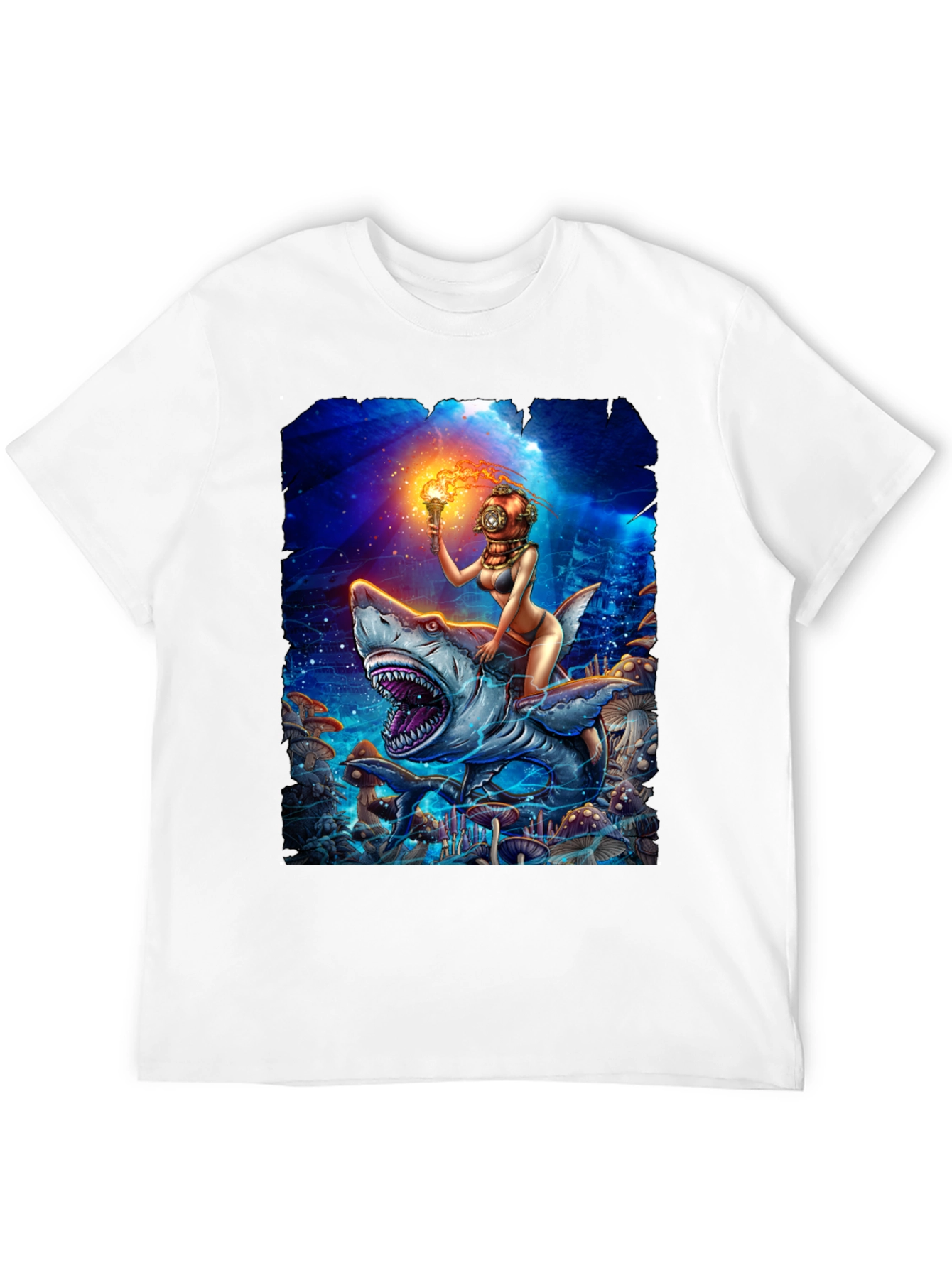 Diver Girl Riding Shark T-Shirt - Unique Graphic Tee
