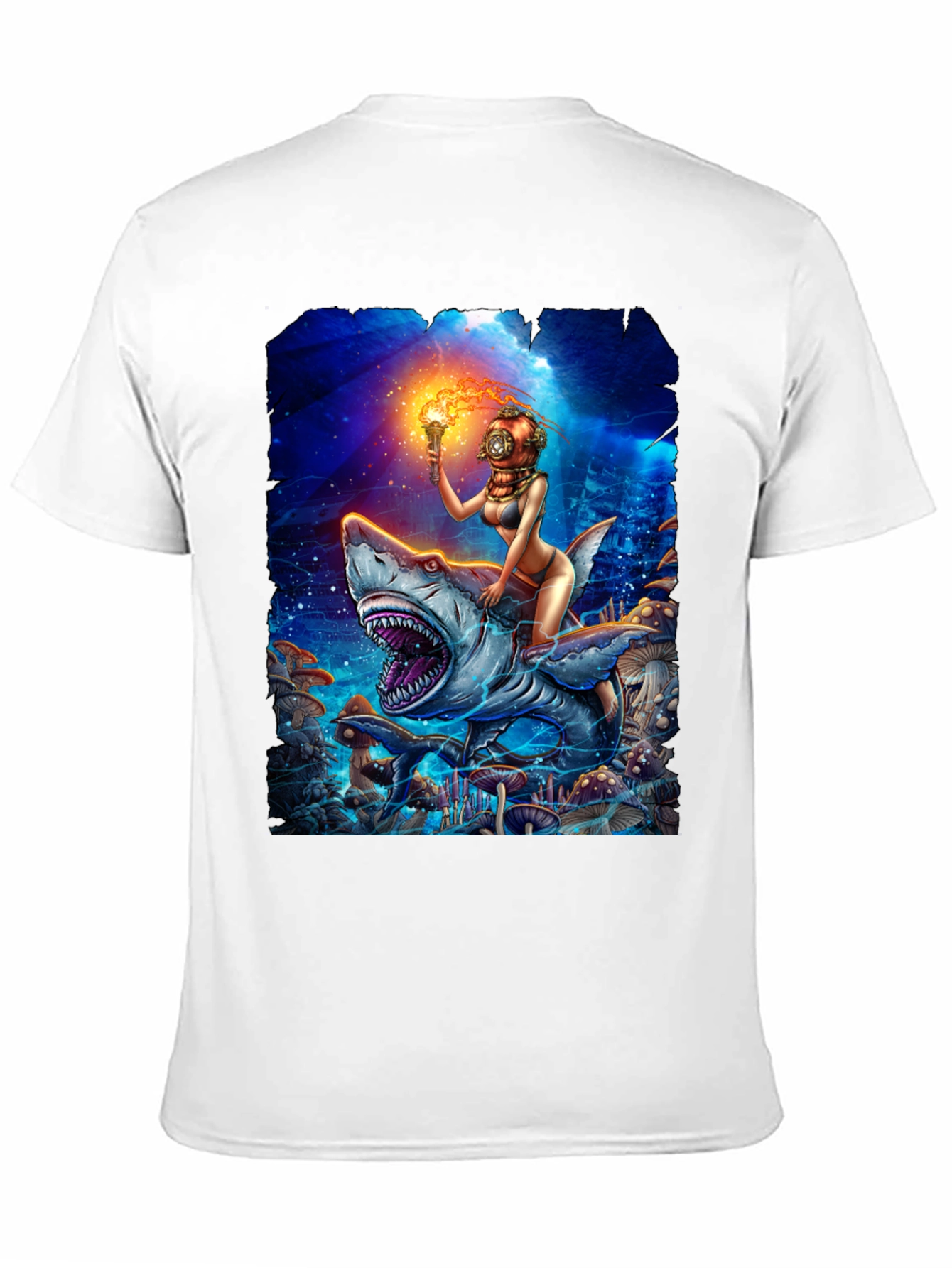 Diver Girl Riding Shark T-Shirt - Unique Graphic Tee