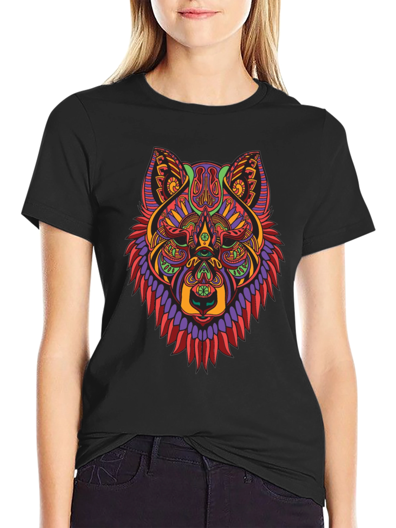 Psychedelic Wolf Graphic Tee - Mens Black T-Shirt