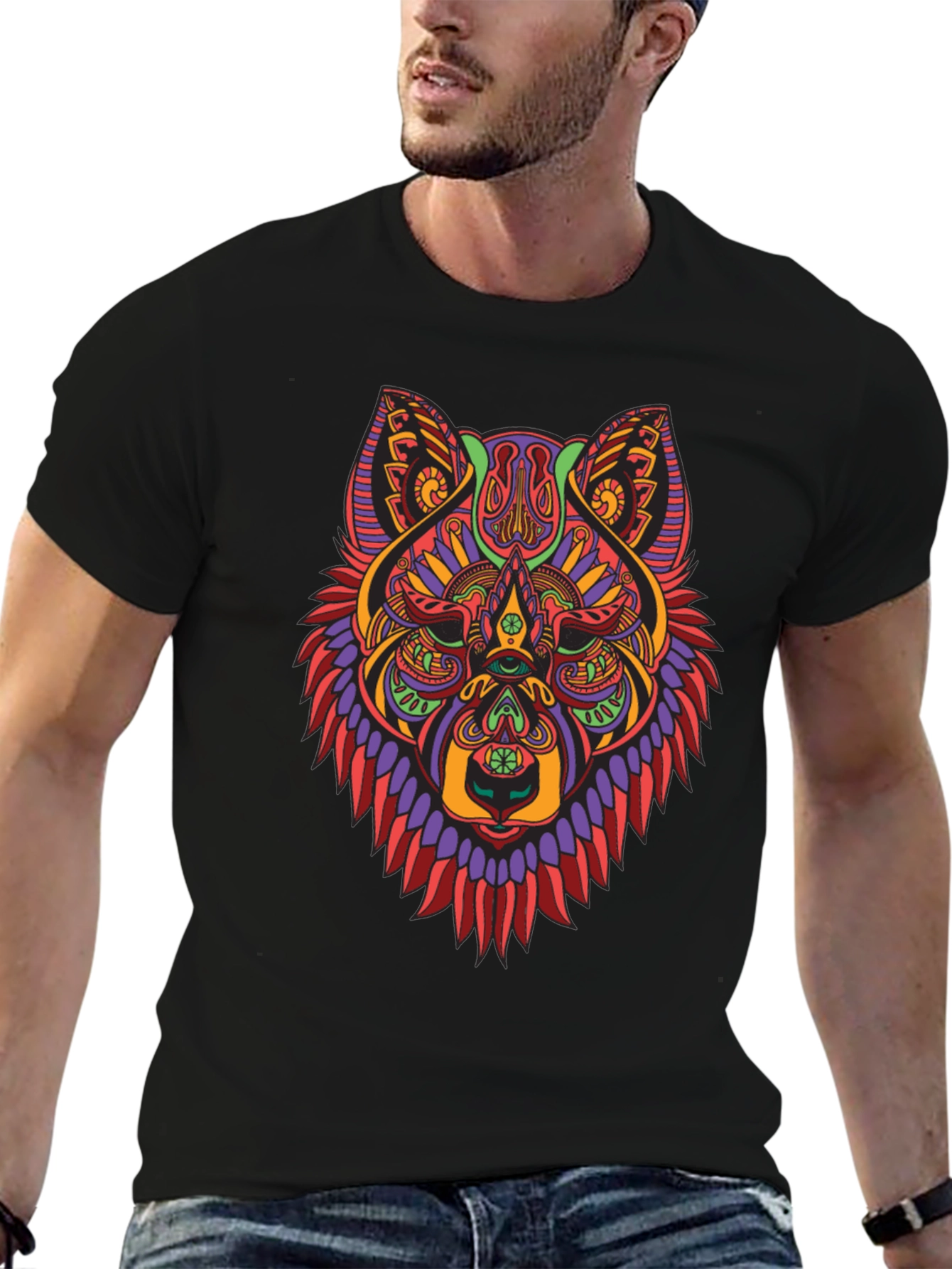 Psychedelic Wolf Graphic Tee - Mens Black T-Shirt