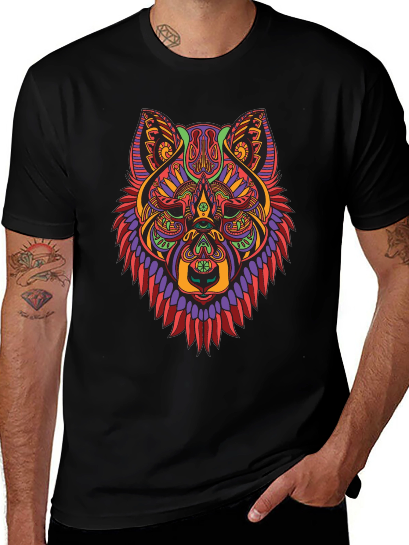 Psychedelic Wolf Graphic Tee - Mens Black T-Shirt