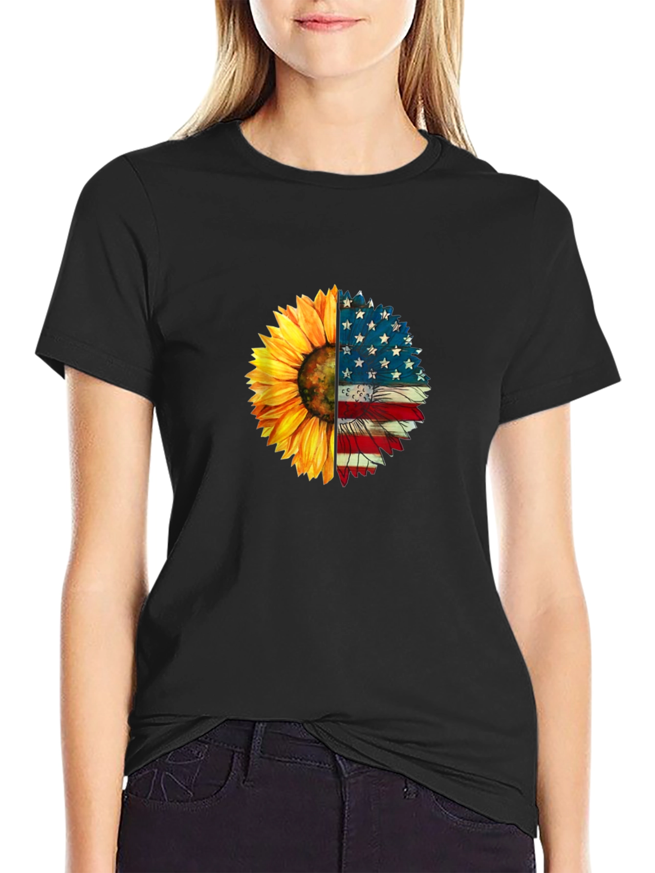 Sunflower American Flag Graphic T-Shirt