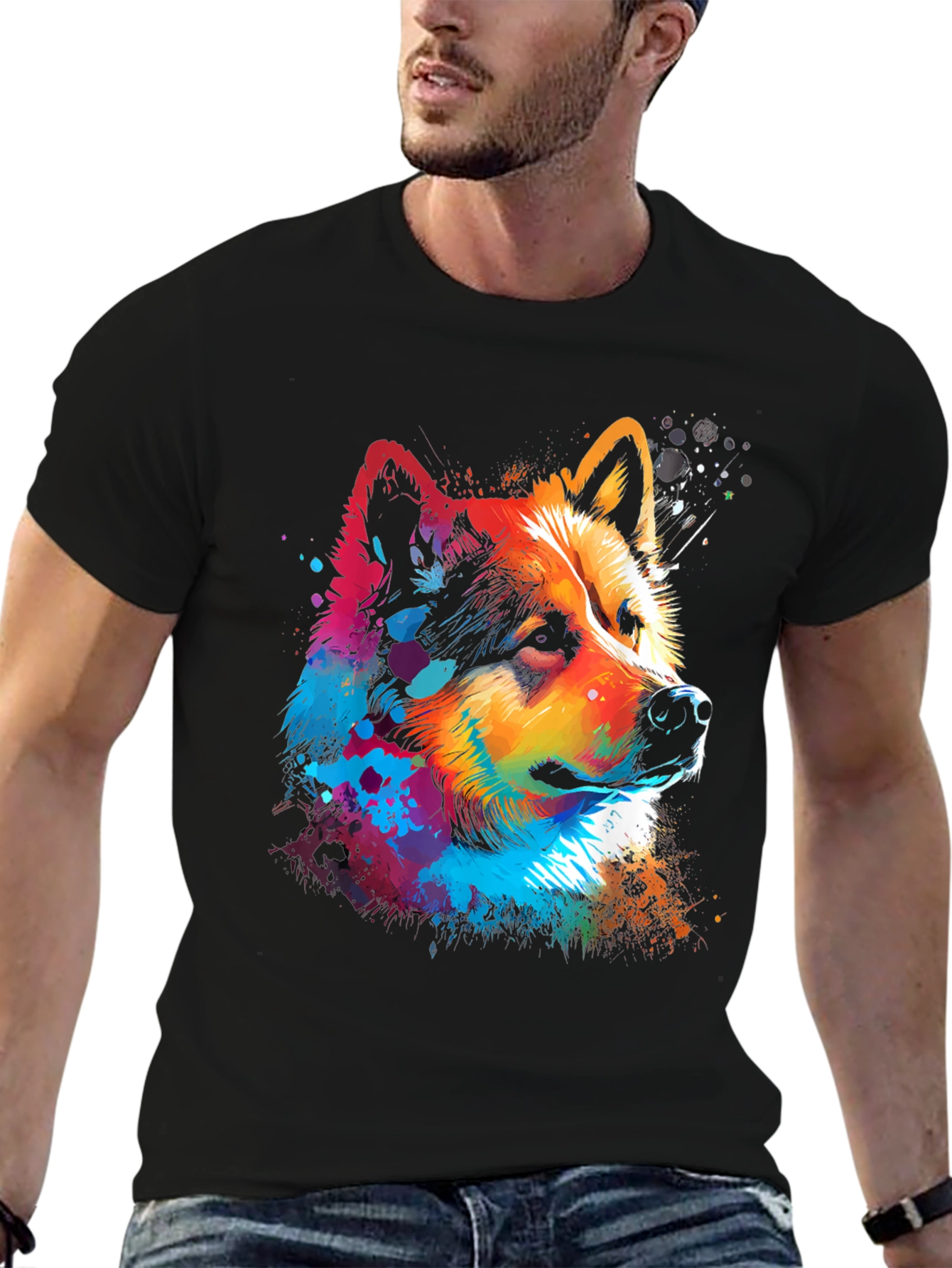 Vibrant Dog Graphic Black T-Shirt