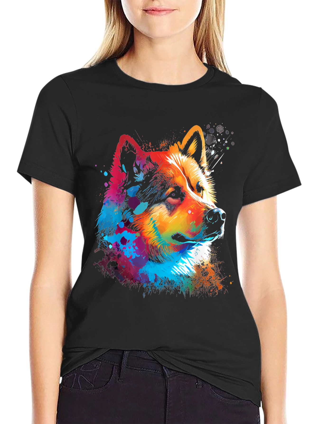 Vibrant Dog Graphic Black T-Shirt
