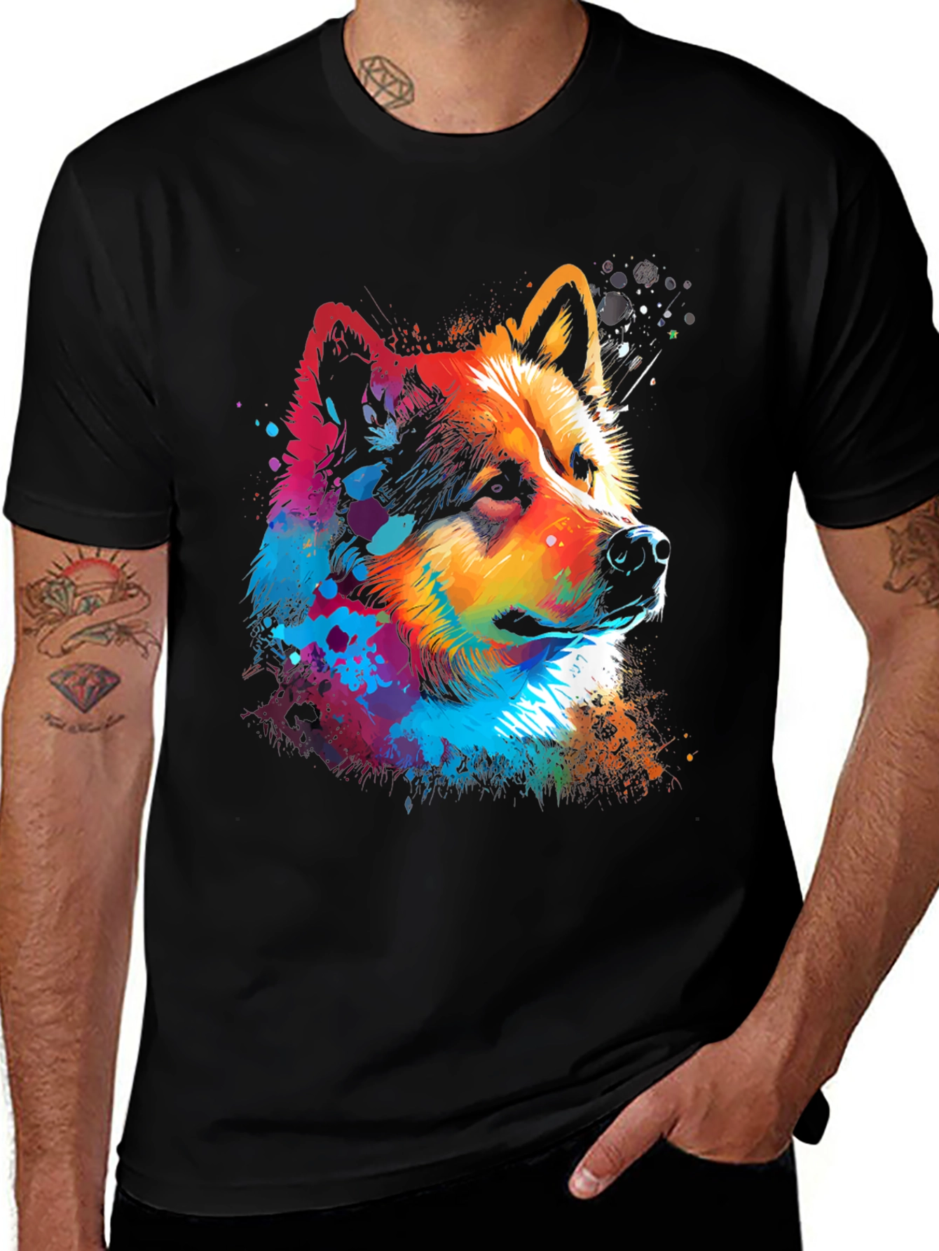 Vibrant Dog Graphic Black T-Shirt