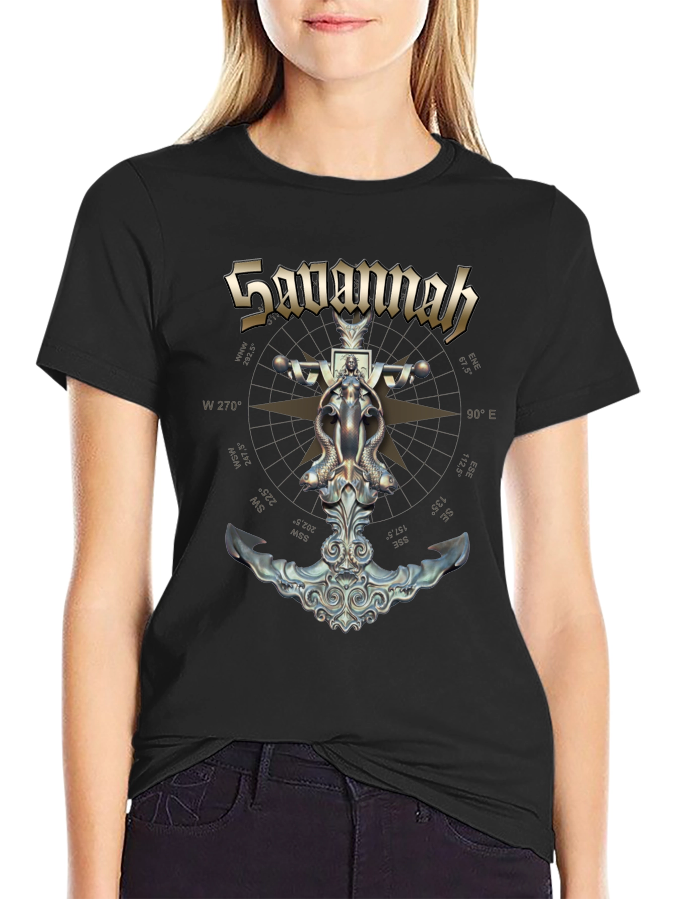 Savannah Compass Anchor Graphic Black T-Shirt